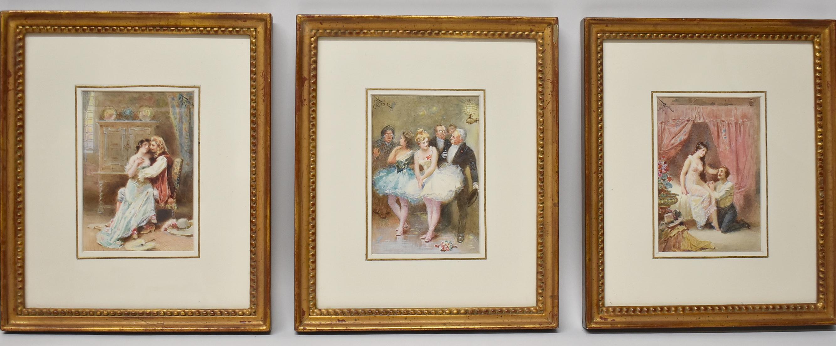 20th Century Jean Leon Gerome Ferris Framed Watercolor Painting, Ballerinas with Gentlemen For Sale
