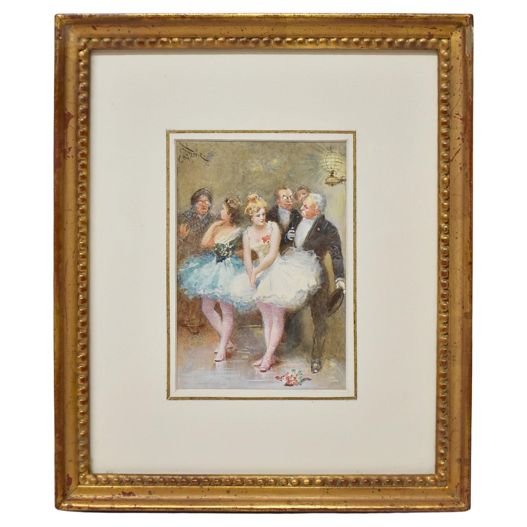 Jean Leon Gerome Ferris Framed Watercolor Painting, Ballerinas with Gentlemen For Sale