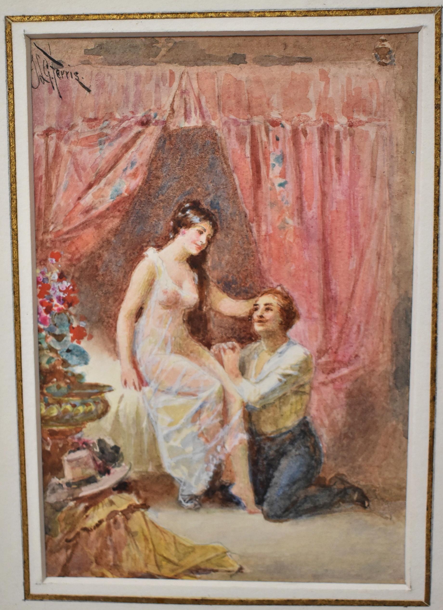 Jean Leon Gerome Ferris Framed Watercolor Painting. Jean Leon Gerome Ferris (1863-1930) was a painter from Philadelphia, PA. This Watercolor depicts a lady sitting on a bed with her lover kneeling by her side. It is framed in a gold frame with a