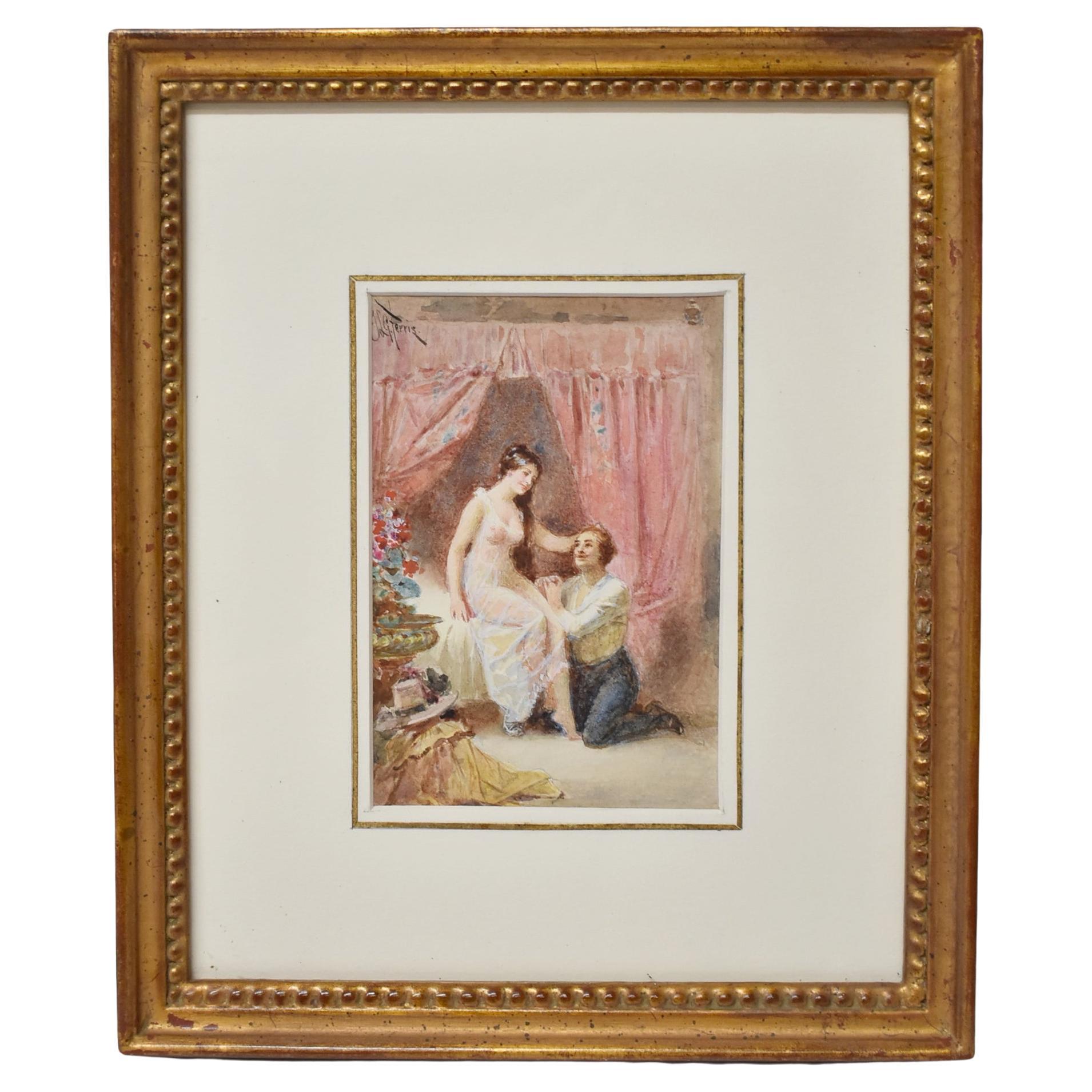 Jean Leon Gerome Ferris Framed Watercolor Painting, Lady with Lover For Sale