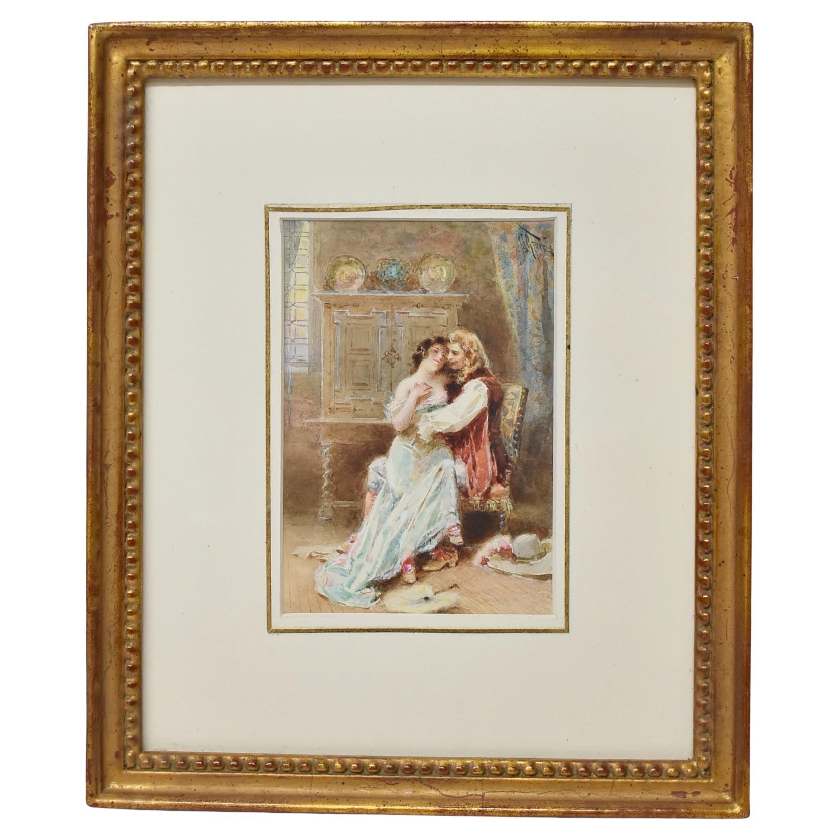 Jean Leon Gerome Ferris Framed Watercolor Painting, Seated Lady on Lovers Lap