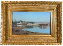 19th Century Antique Landscape Oil Painting On Canvas with Antique Frame 1850s