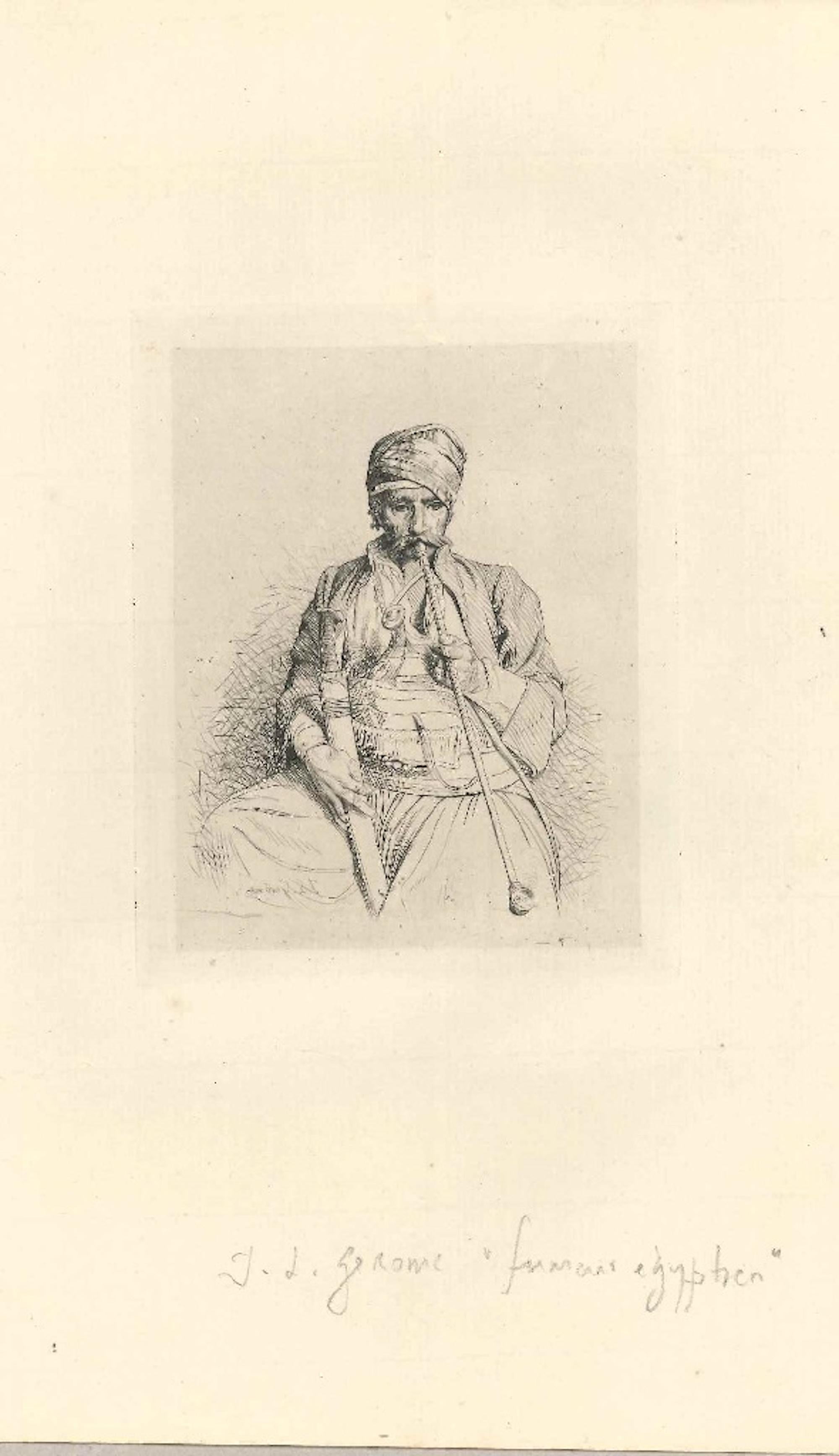 Le Fumeur égyptien au turban  - Original Etching by J.-L- Gérome - Print by Jean-Léon Gérôme
