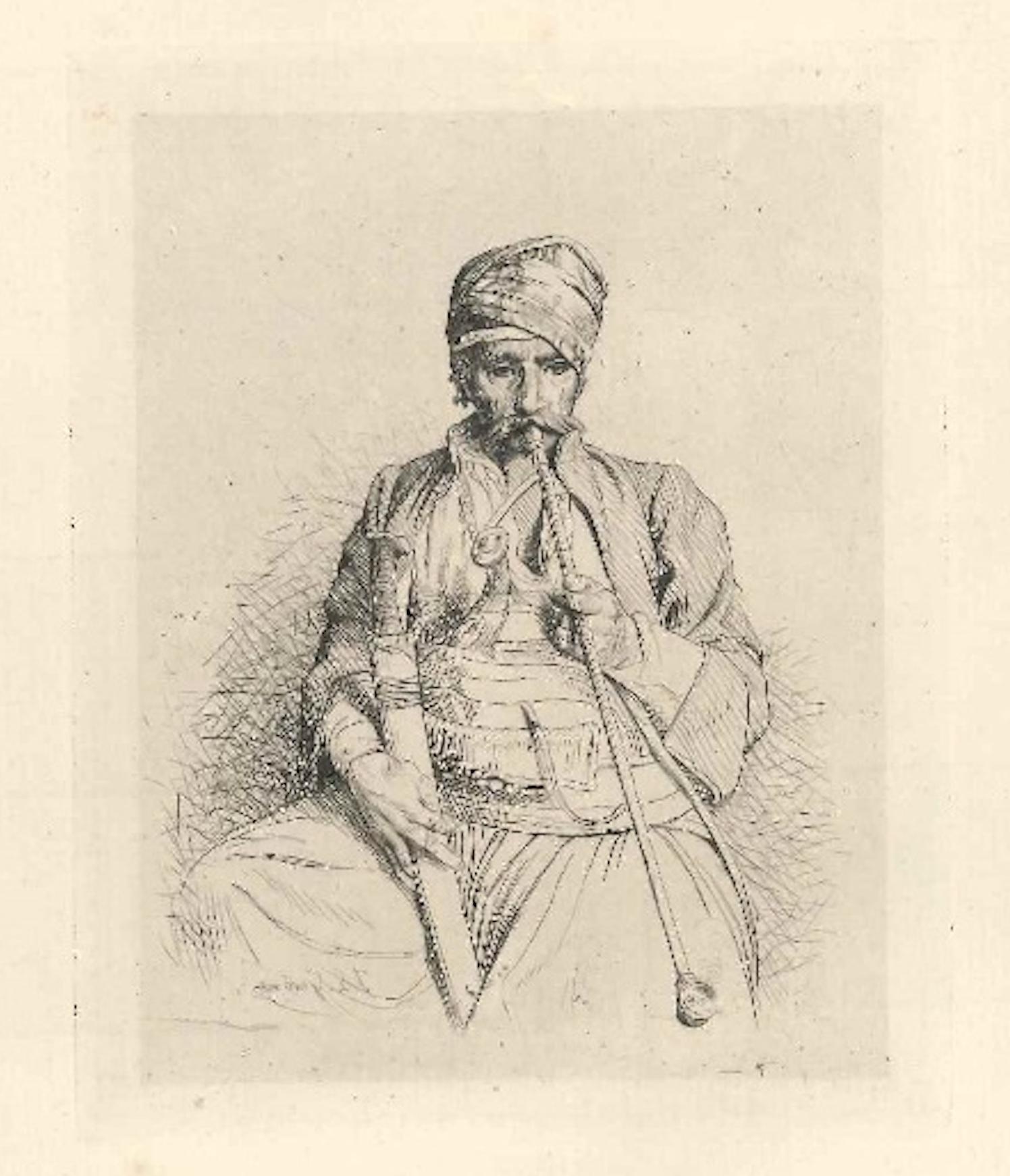 Jean-Léon Gérôme Figurative Print - Le Fumeur égyptien au turban  - Original Etching by J.-L- Gérome