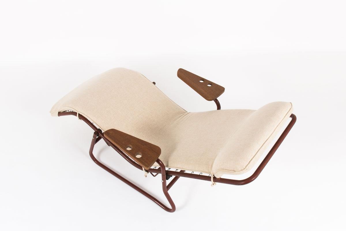 French Jean Lesage Lounge Chair in Burgundy Metal and Beige Seat Edition Airbone, 1950