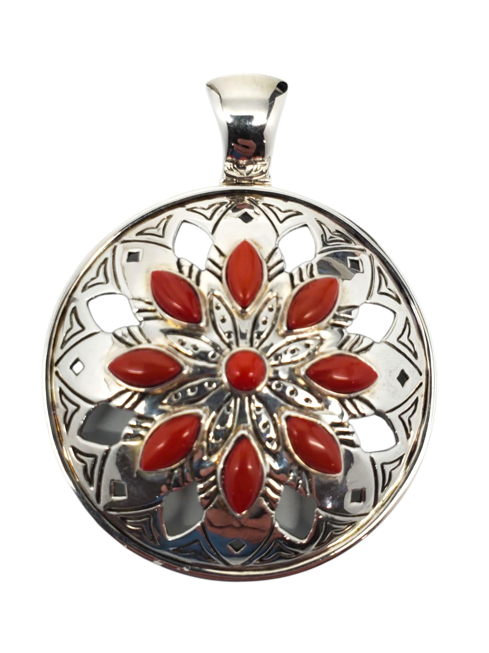 Jean Lin - Ciondolo con cupola floreale in corallo rosso in argento Sterling # 23749 in vendita