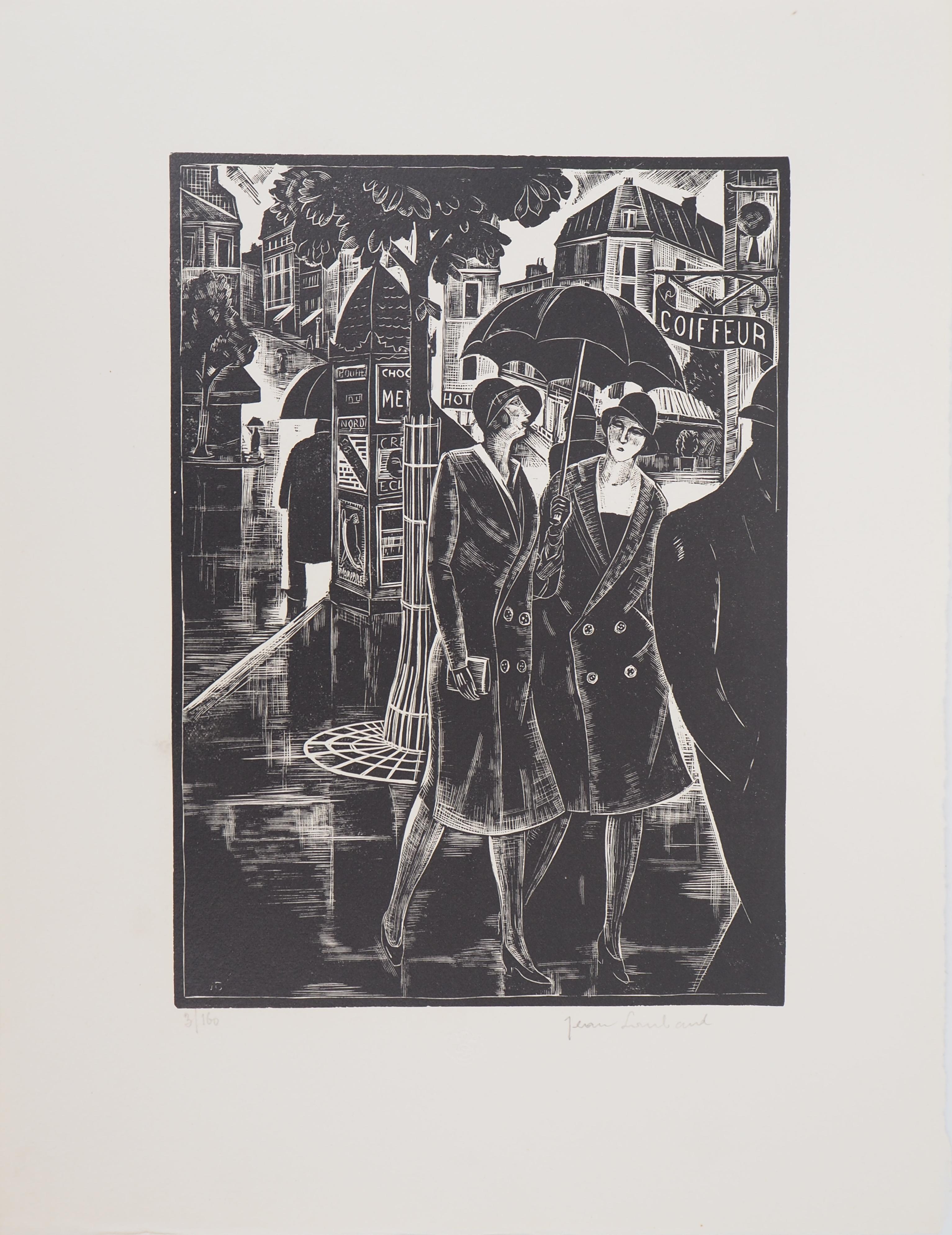 Paris : Rainy Day - Original wooodcut, Handsigned and numbered / 160 - Modern Print by Jean LOMBARD