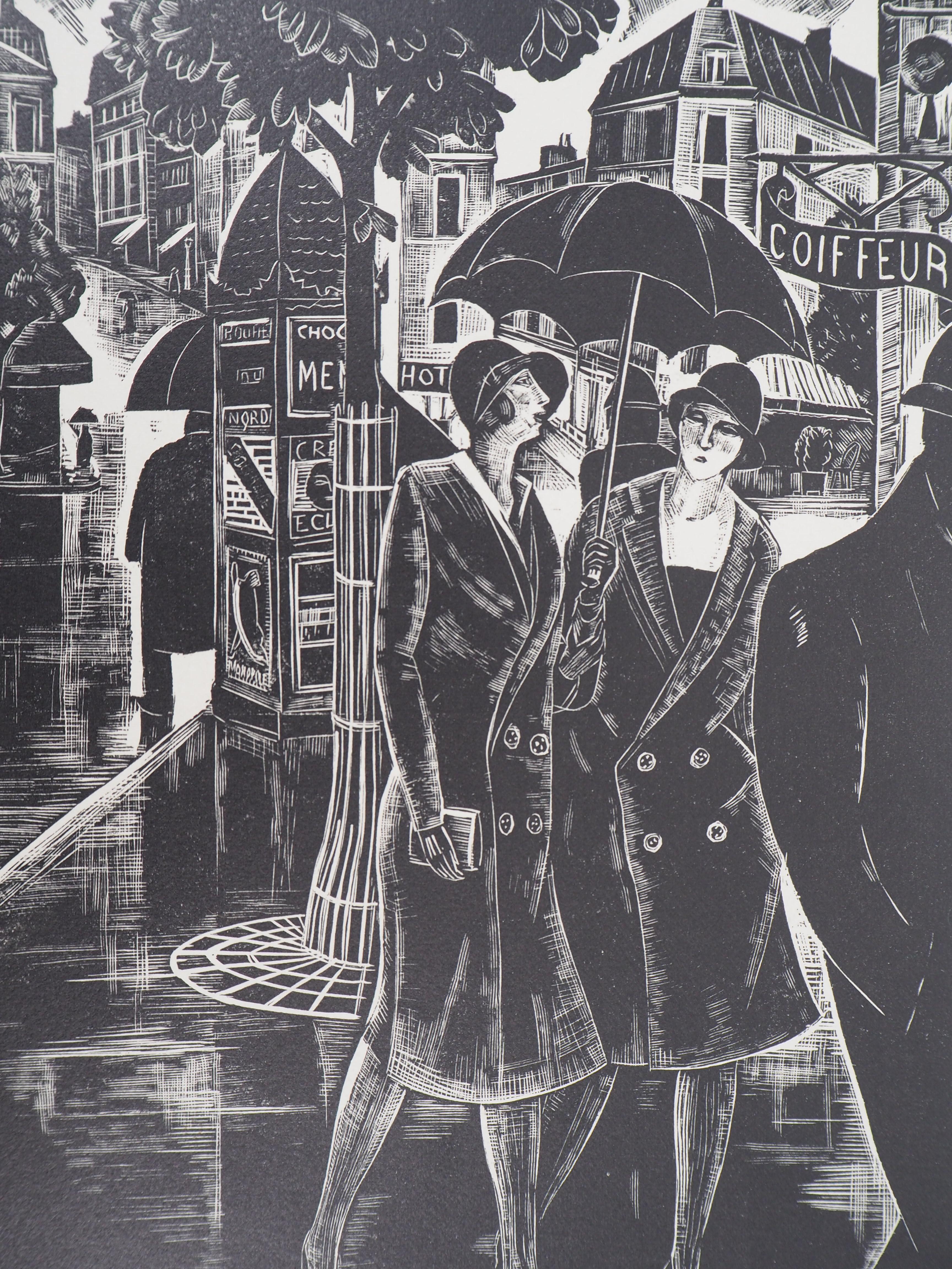 Paris : Rainy Day - Original wooodcut, Handsigned and numbered / 160 - Gray Figurative Print by Jean LOMBARD