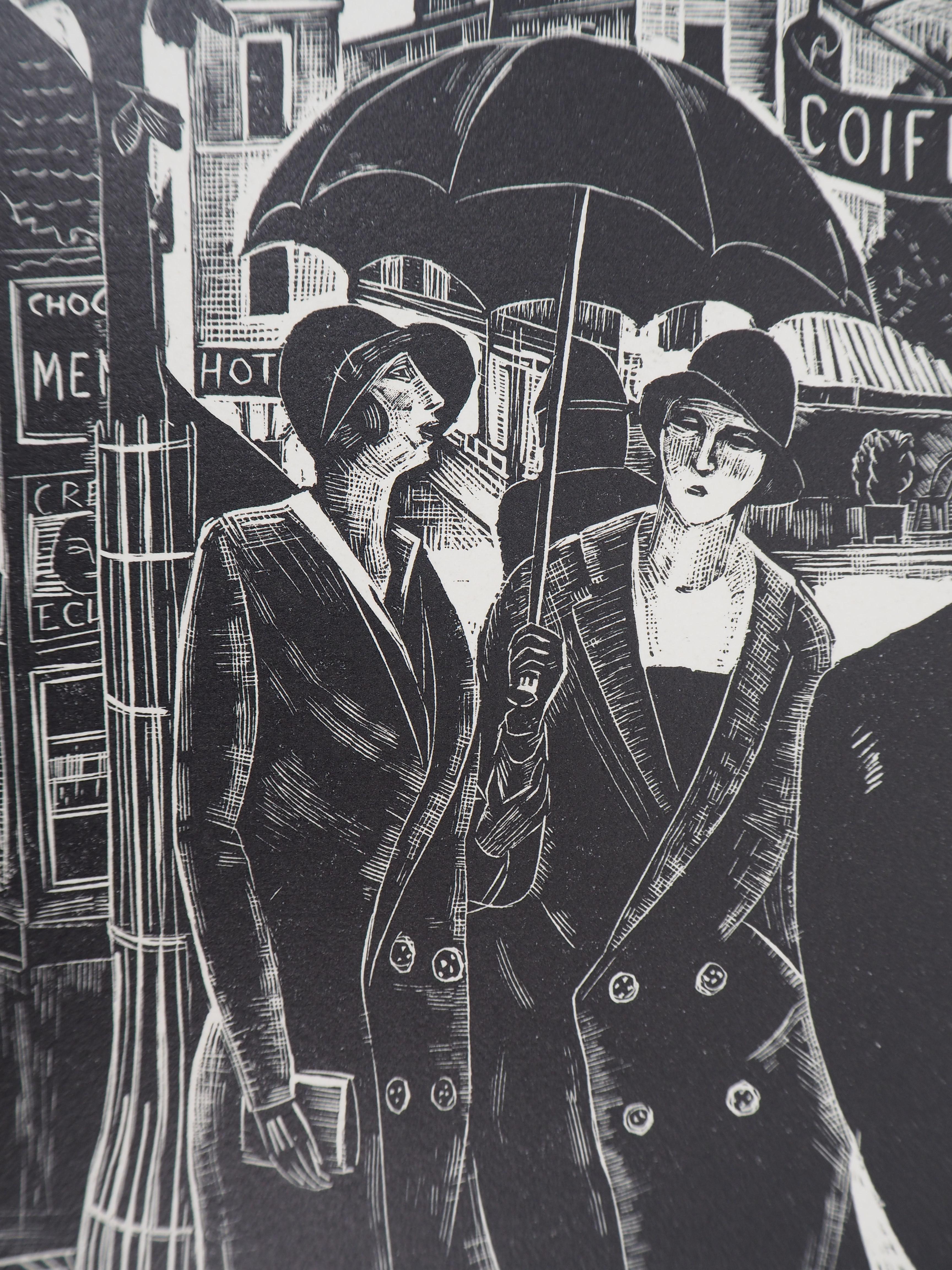 Jean LOMBARD (1895-1983)
Paris : Rainy Day, 1925

Original woodcut
Handsigned in pencil
Numbered /160
On vellum 32.5 x 25.5 cm (c. 13 x 10 in)
Bears the blind stamp of the editor 'Imagier de la Gravure sur Bois' (Lugt 1140a)

Excellent condition