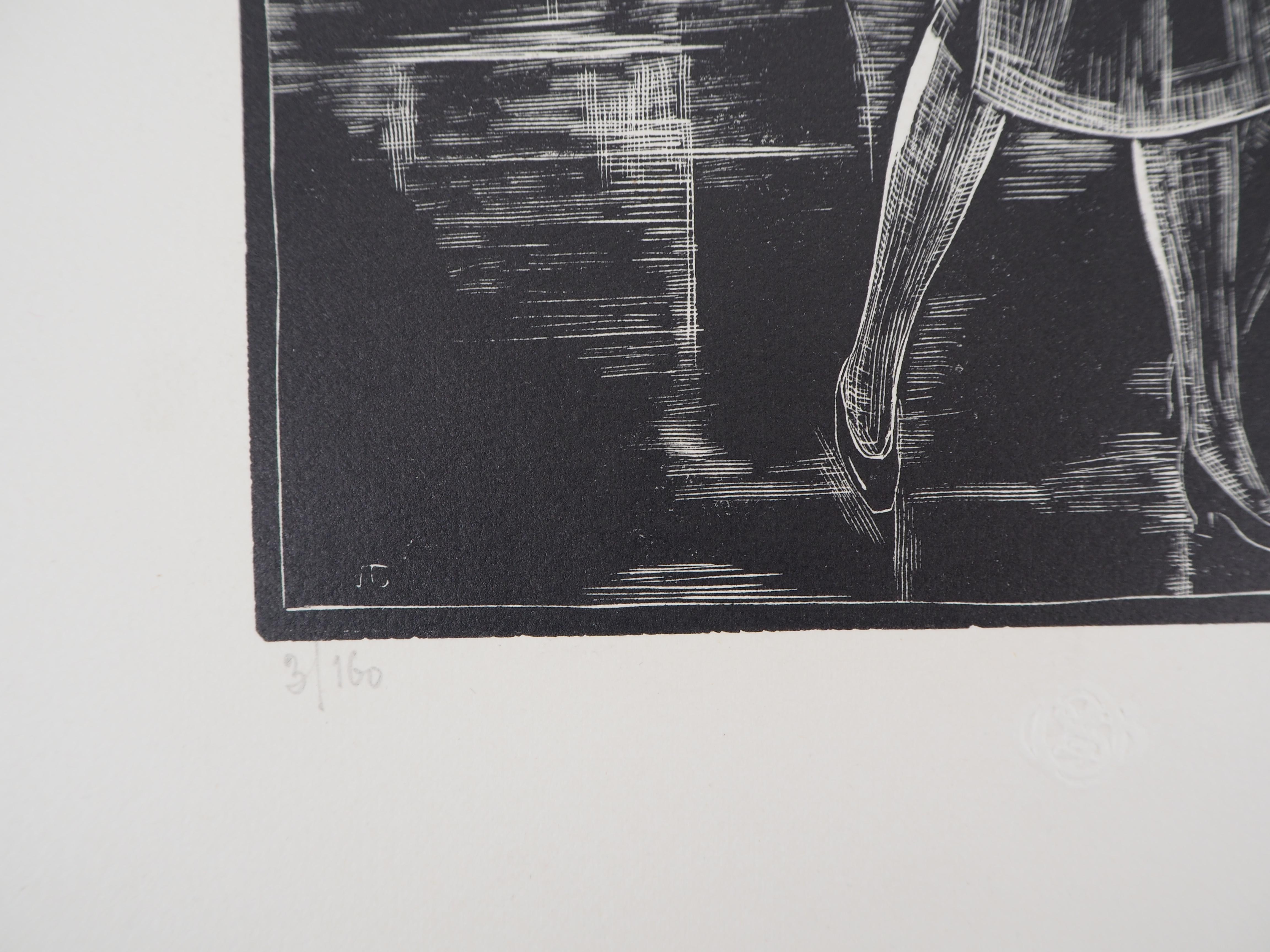 Paris : Rainy Day - Original wooodcut, Handsigned and numbered / 160 For Sale 1