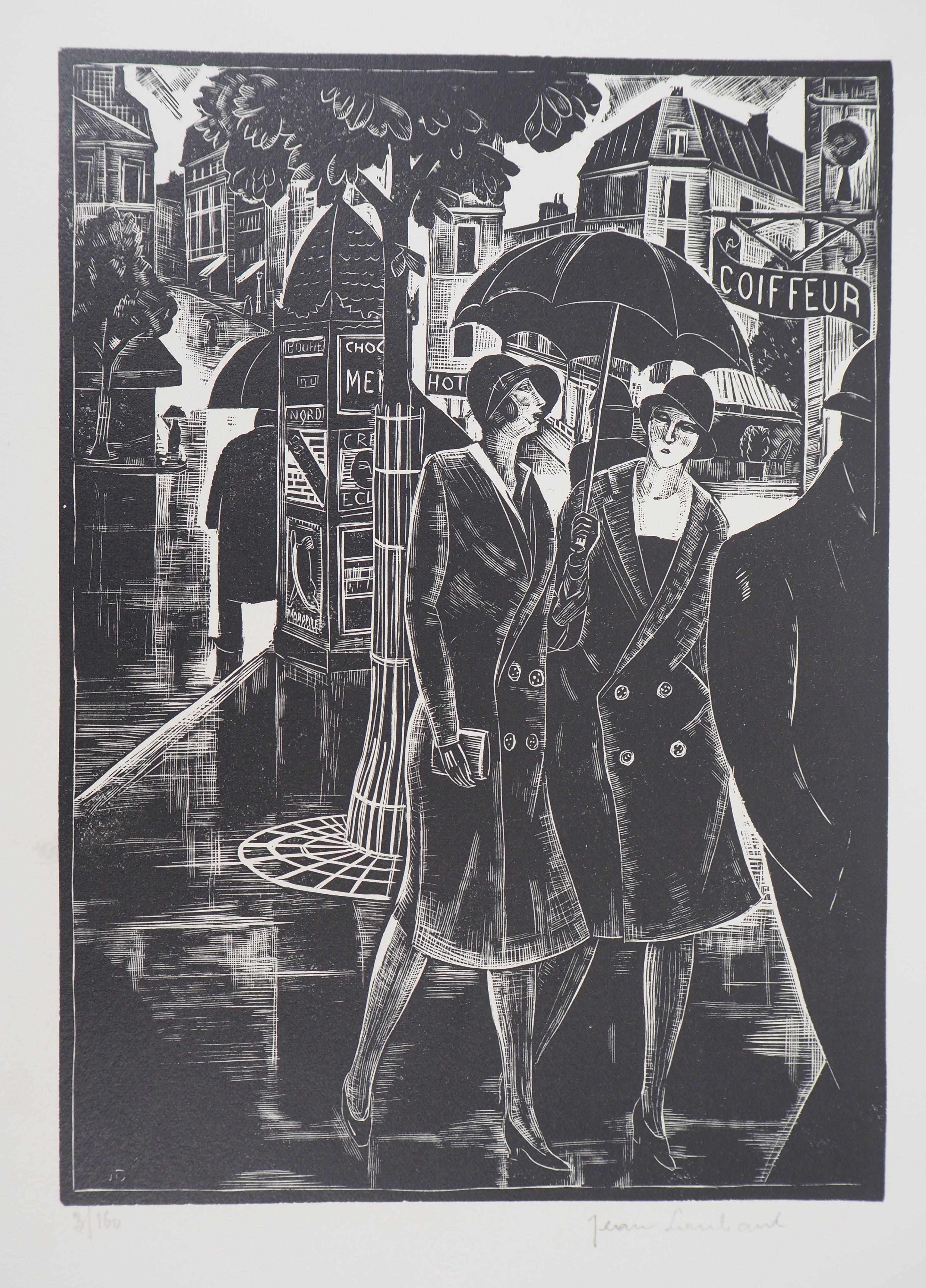 Jean LOMBARD Figurative Print - Paris : Rainy Day - Original wooodcut, Handsigned and numbered / 160