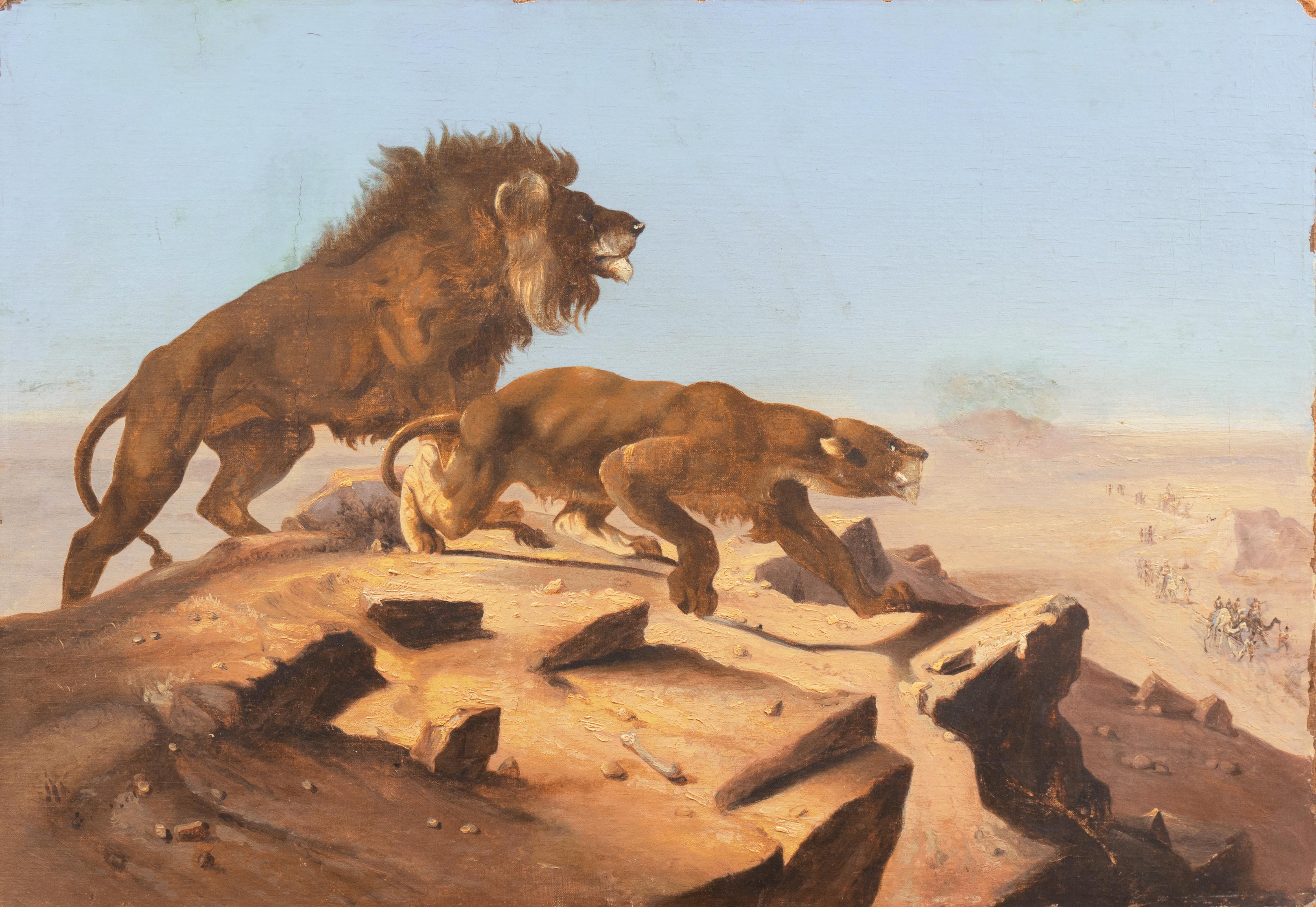  'Lions Observing a Caravan', 19th Century North African Orientalist Gericault  - Painting by Jean Louis Andre Theodore Gericault