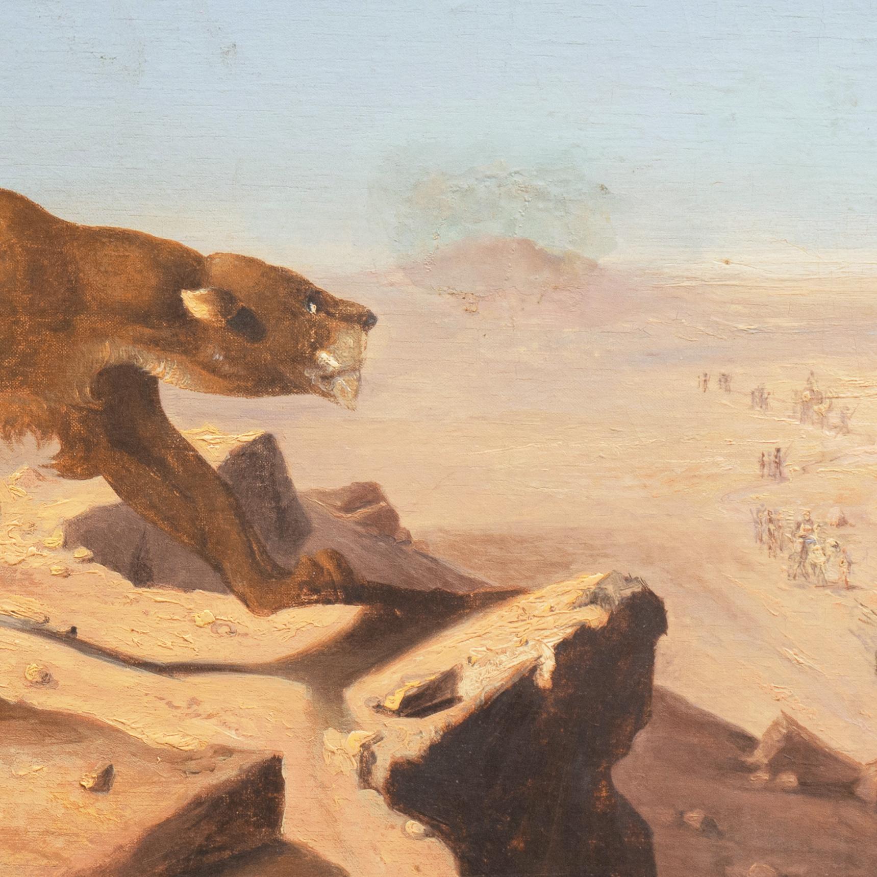  'Lions Observing a Caravan', 19th Century North African Orientalist Gericault  - Romantic Painting by Jean Louis Andre Theodore Gericault