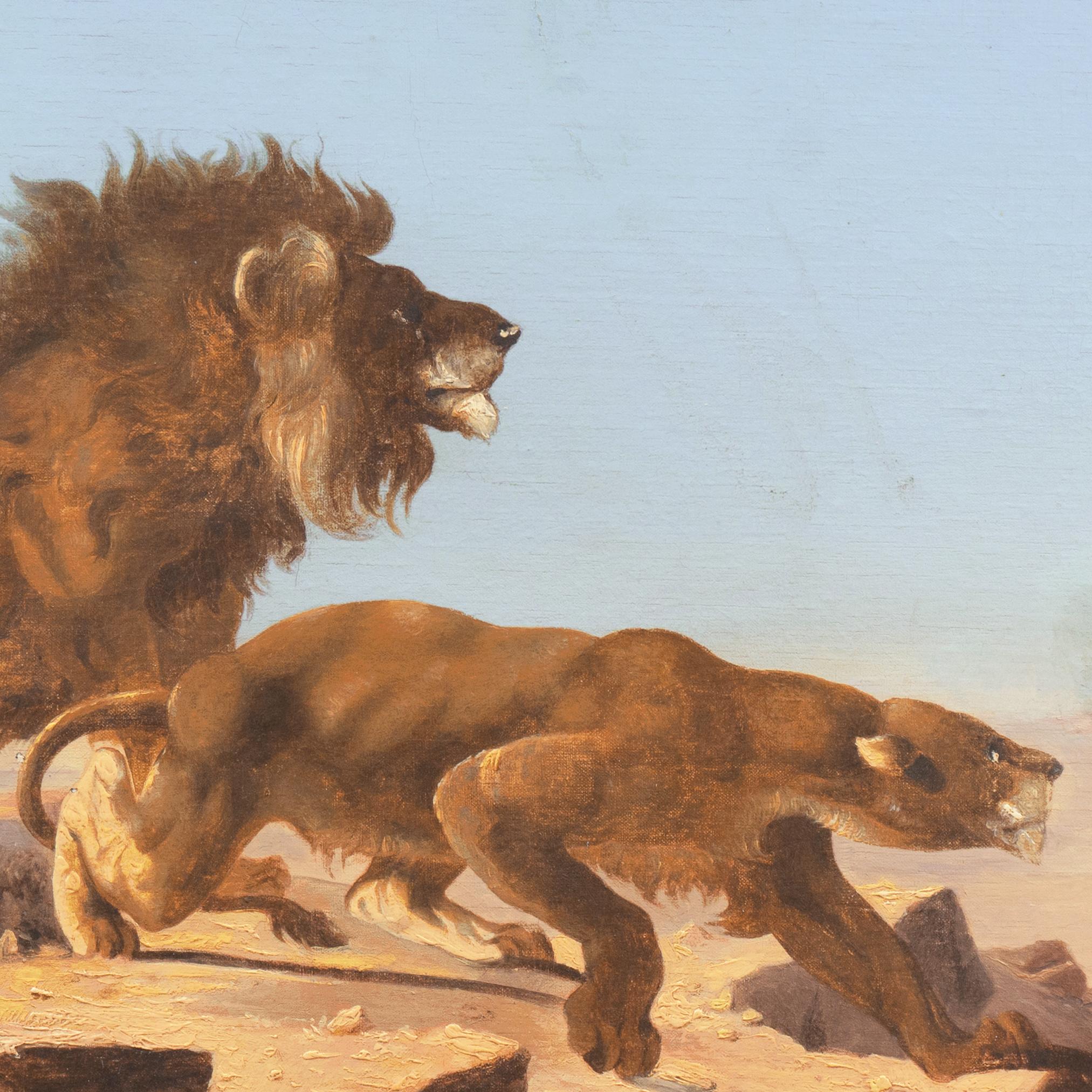  'Lions Observing a Caravan', 19th Century North African Orientalist Gericault  - Beige Animal Painting by Jean Louis Andre Theodore Gericault