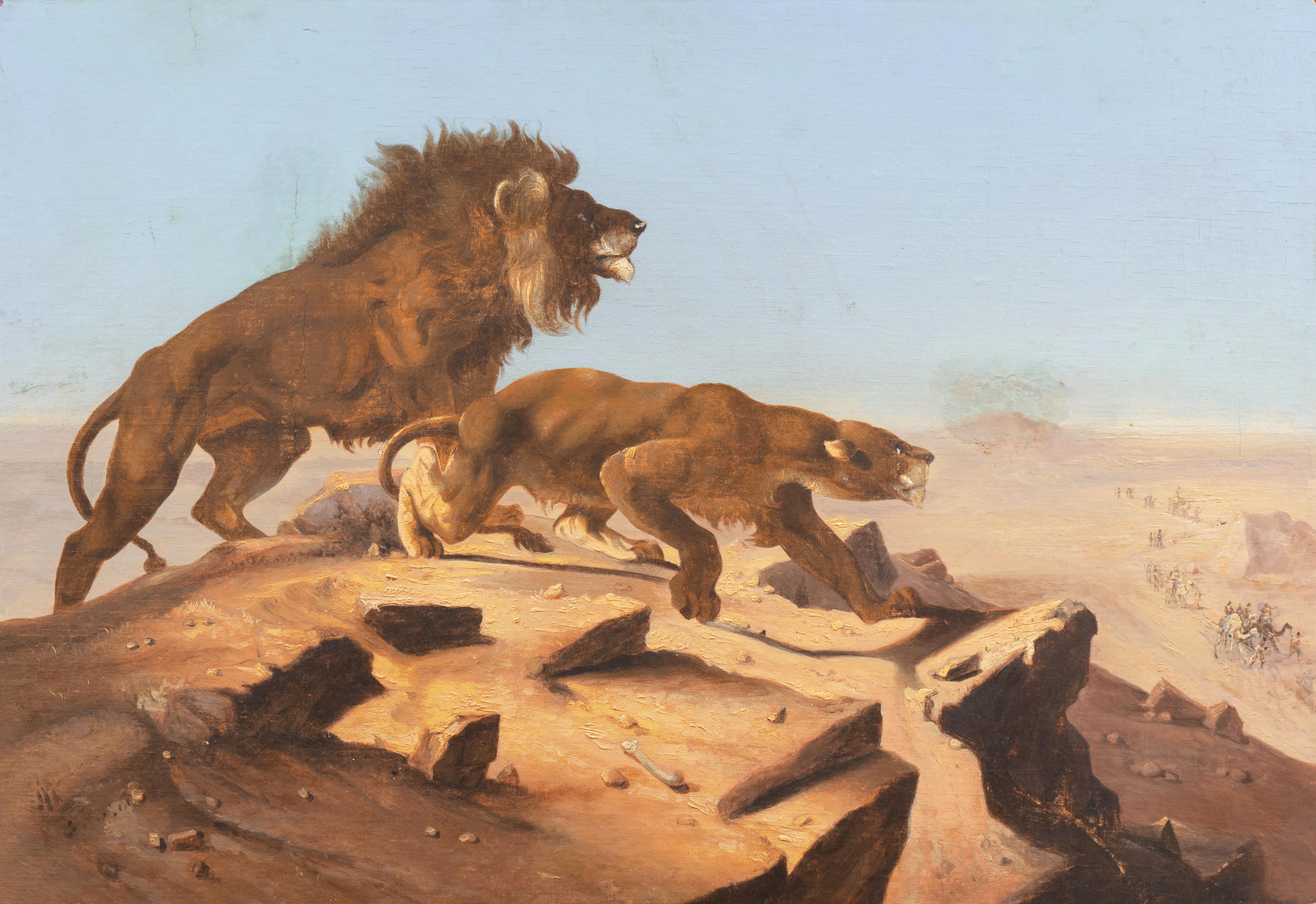 Jean Louis Andre Theodore Gericault Animal Painting -  'Lions Observing a Caravan', 19th Century North African Orientalist Gericault 