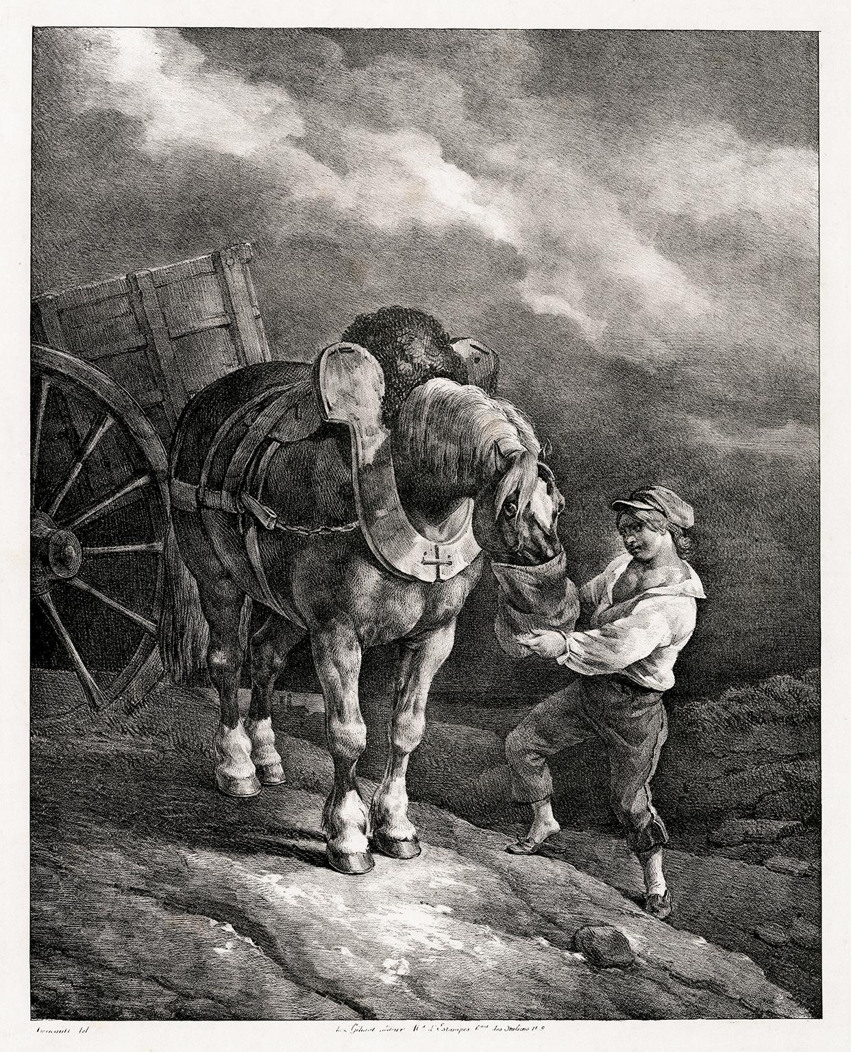 Garçon donnant l
avoine à un cheval dételé" - Romanticismo francés del siglo XIX