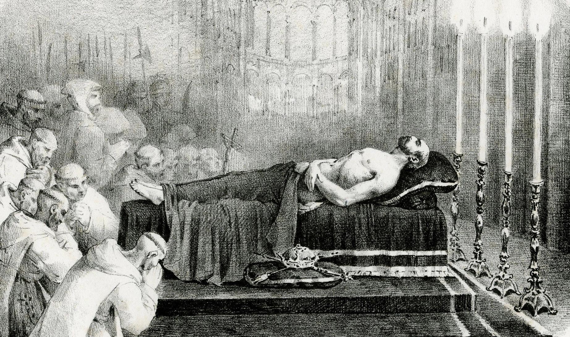 Guillaume le Conquérant rapporté après sa mort à l'église de Boscherville - Gris Figurative Print par Jean Louis Andre Theodore Gericault