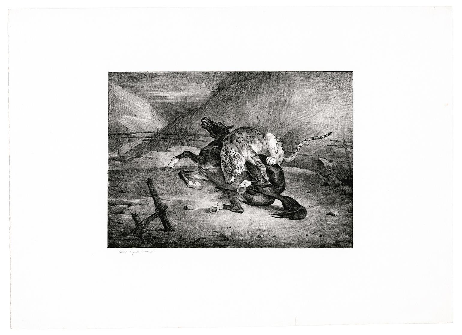 'Horse Attacked by Tiger' — 19th-Century French Romanticism - Print by Jean Louis Andre Theodore Gericault