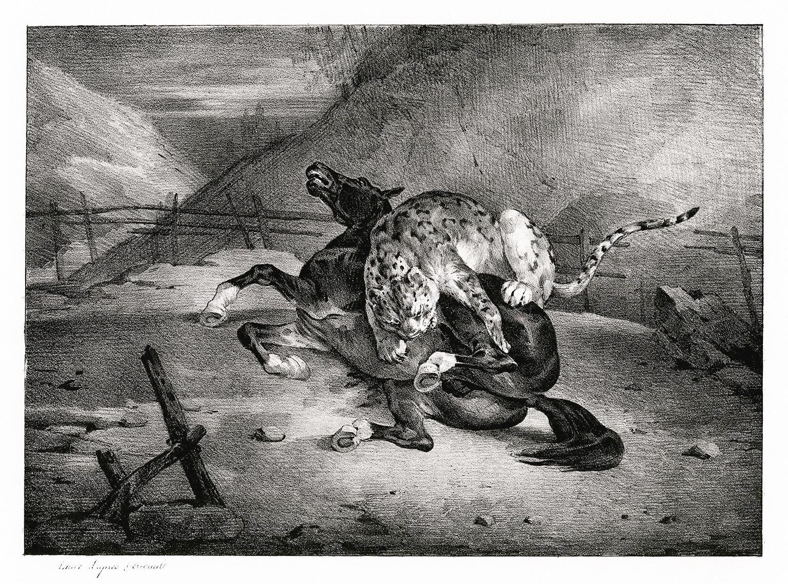 Jean Louis Andre Theodore Gericault Animal Print – Pferd von Tiger angegriffen" - Französische Romantik im 19.