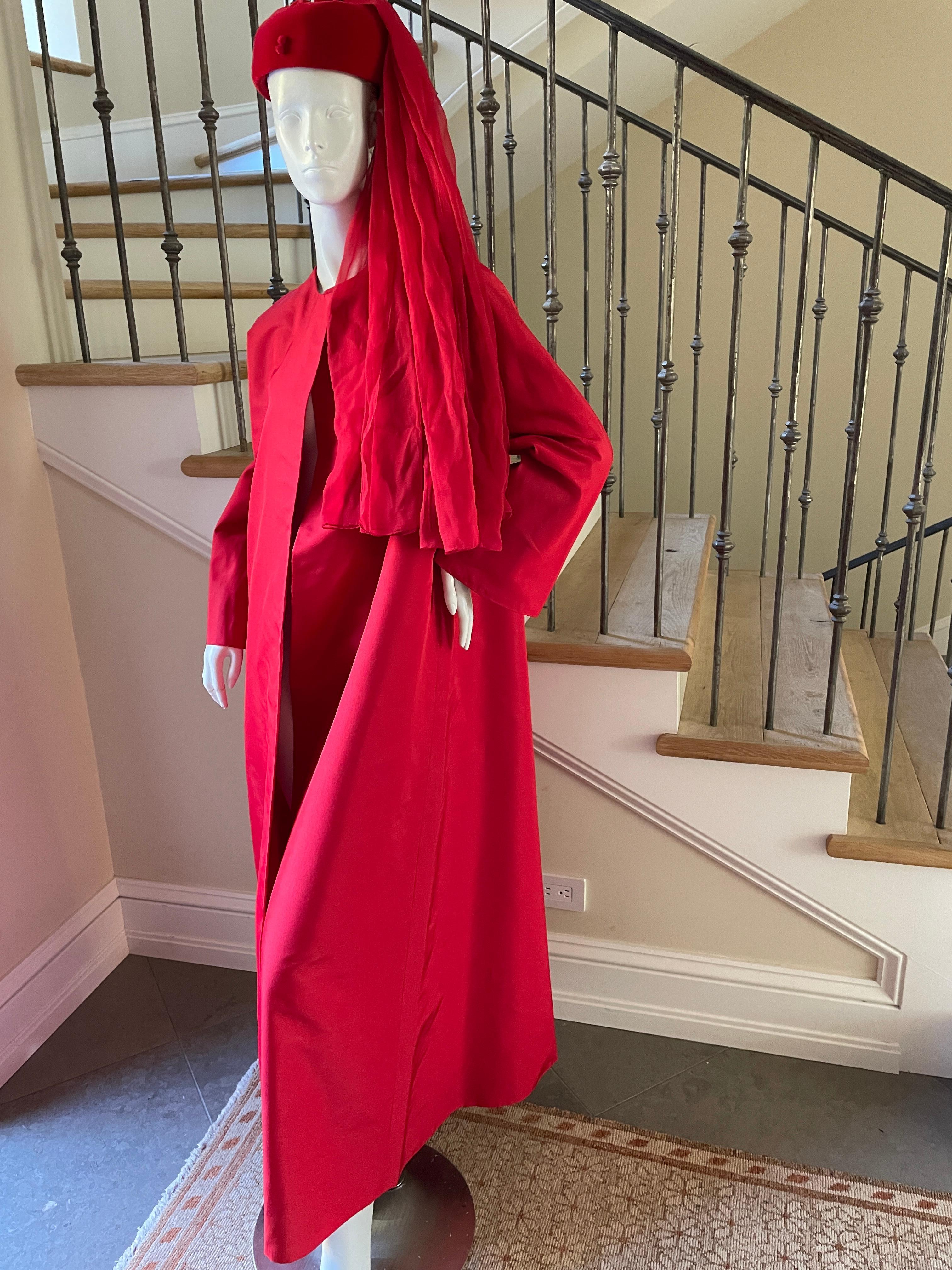 Jean-Louis Couture 1960's Red Silk Opera Coat with Matching Hat.
Bust 49