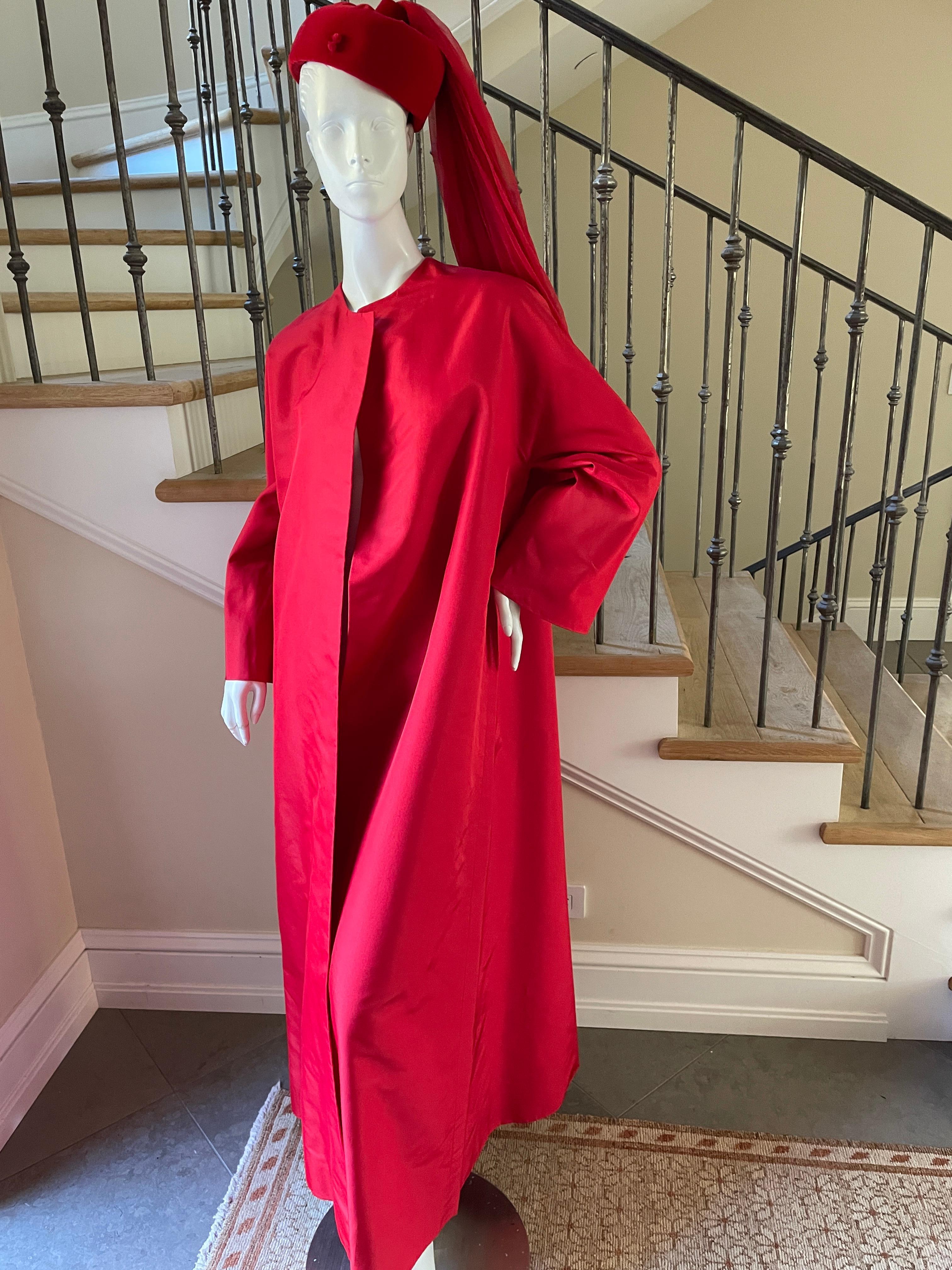 Jean-Louis Couture 1960's Red Silk Opera Coat with Matching Hat In Excellent Condition For Sale In Cloverdale, CA