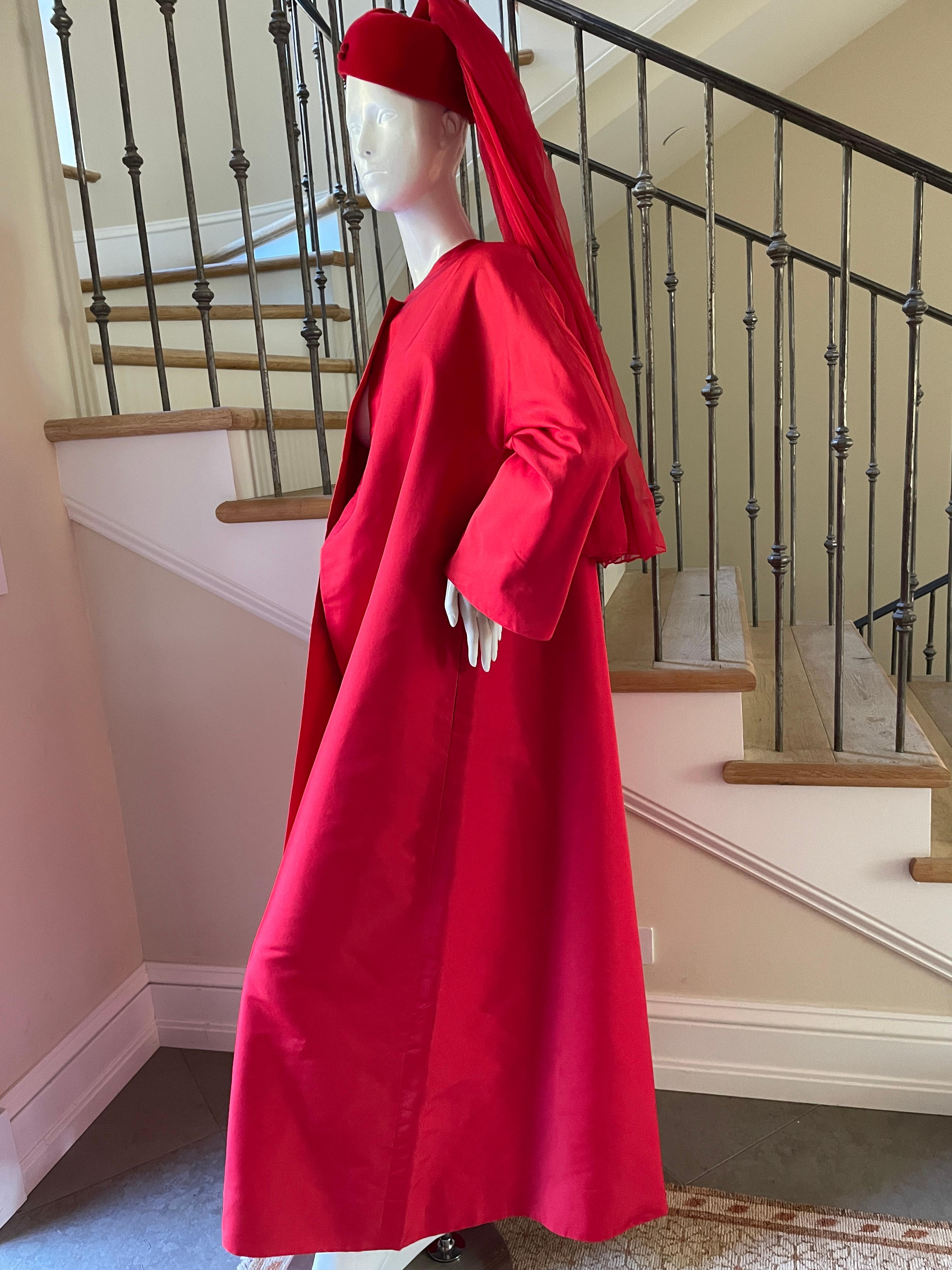 Jean-Louis Couture 1960's Red Silk Opera Coat with Matching Hat For Sale 2