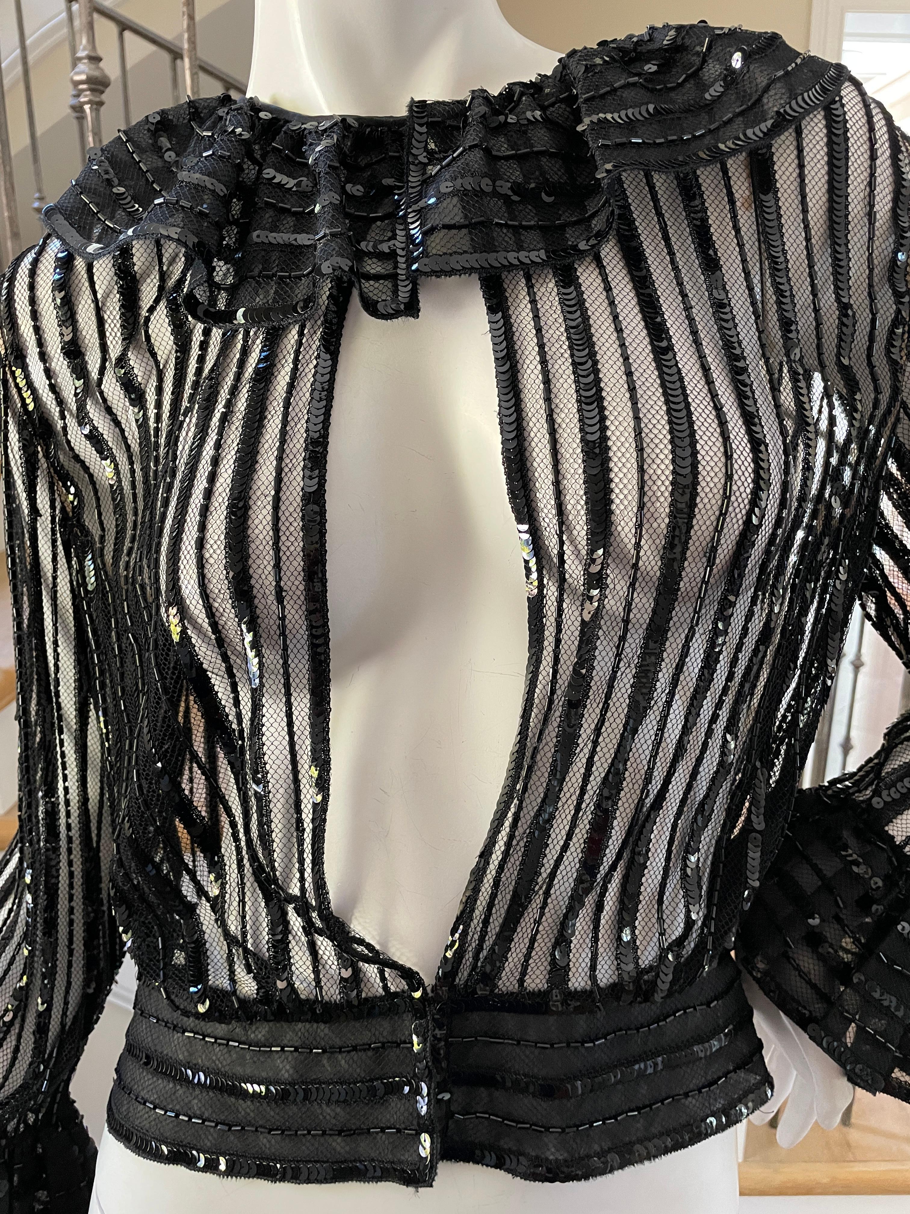 Black Jean-Louis Couture 1960's Sheer Beaded Evening Top with Ruffle Collar and Cuffs For Sale