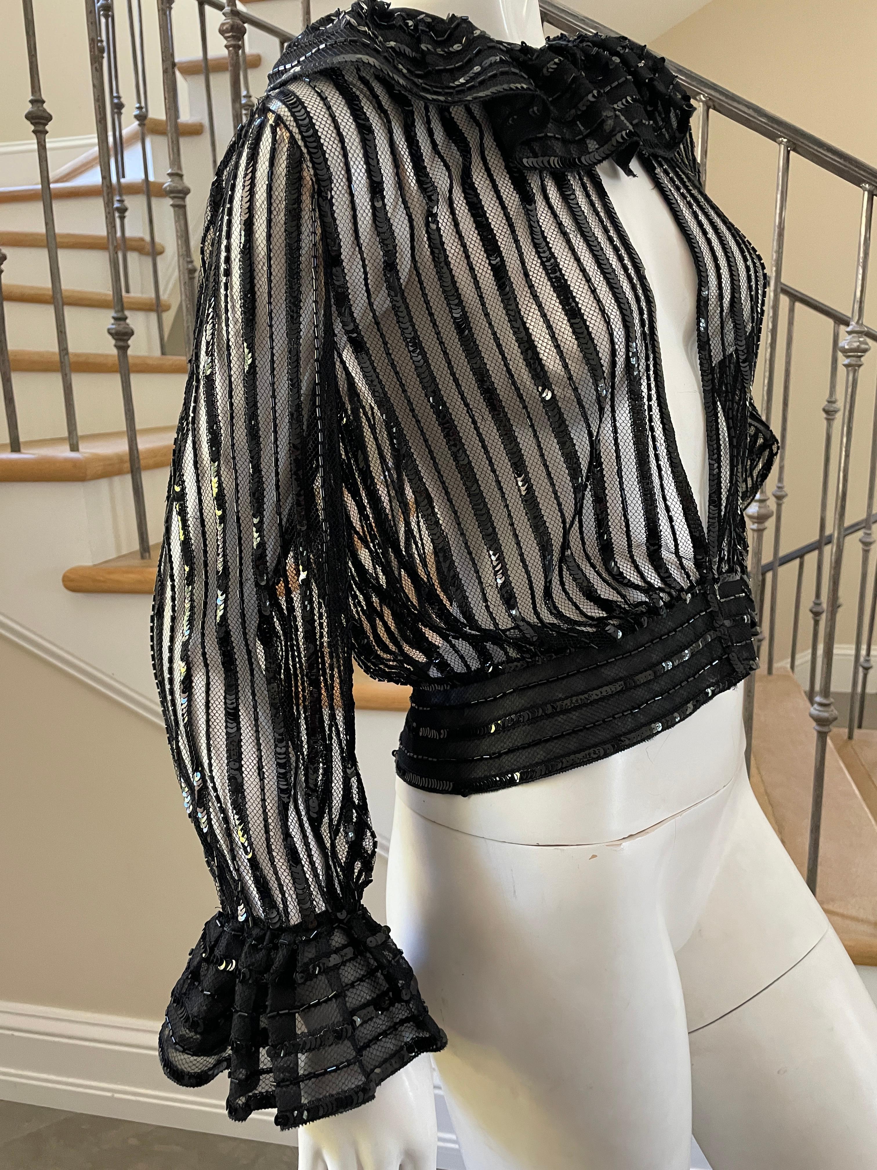 Jean-Louis Couture 1960's Sheer Beaded Evening Top with Ruffle Collar and Cuffs In Excellent Condition For Sale In Cloverdale, CA