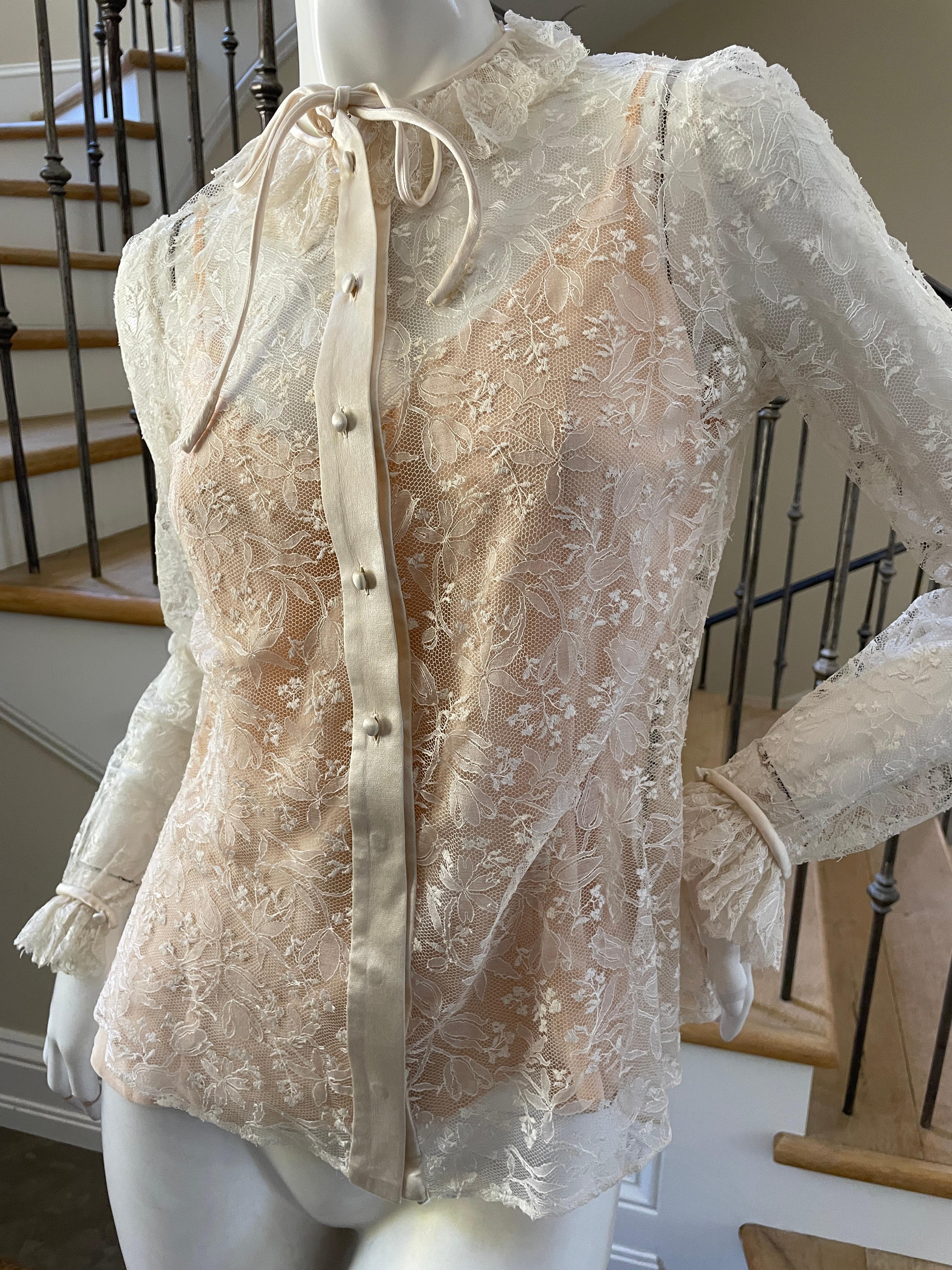 Brown Jean-Louis Couture 1960's Sheer Lace Blouse with Ruffle Collar and Cuffs For Sale