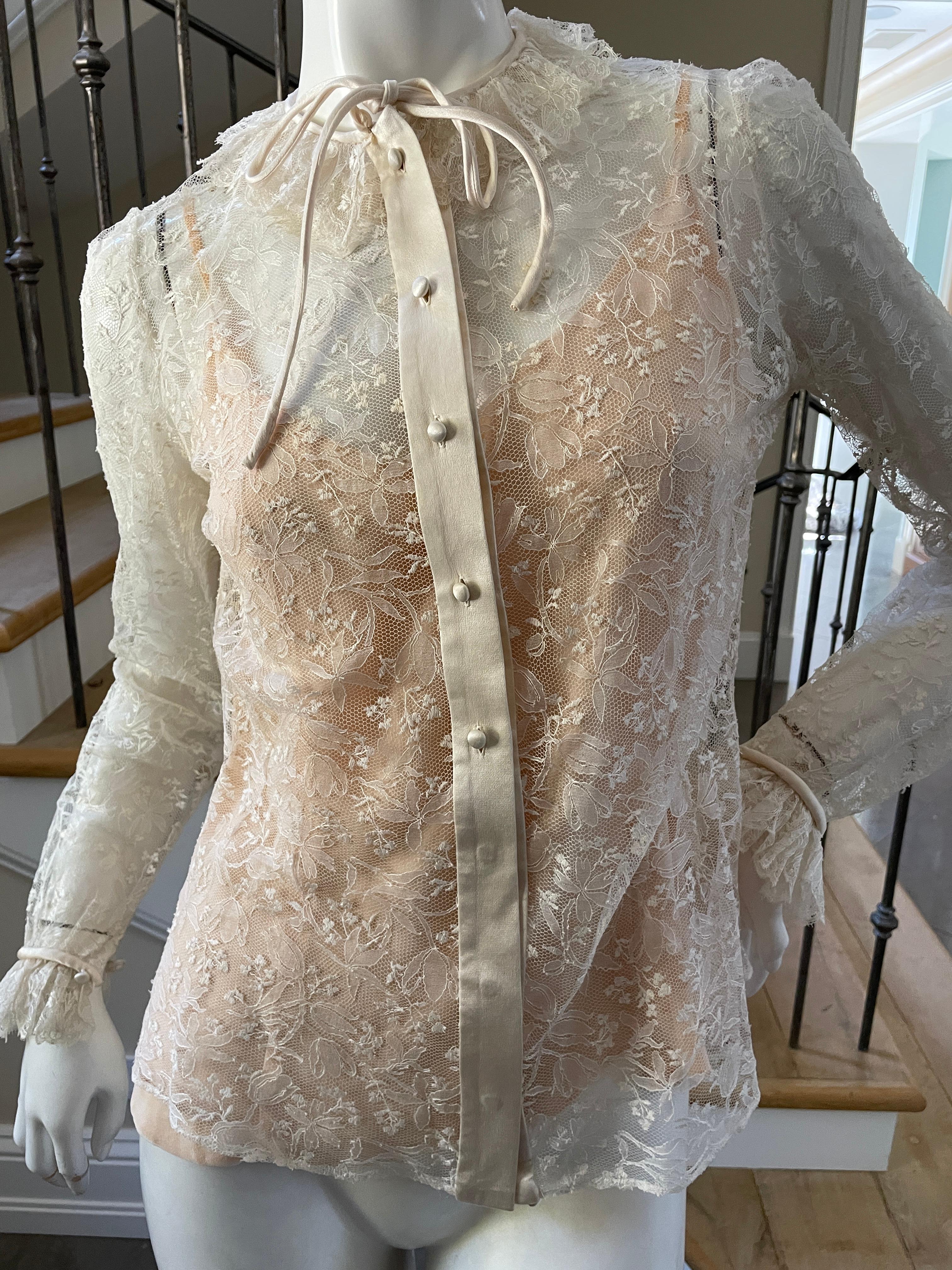 Jean-Louis Couture 1960's Sheer Lace Blouse with Ruffle Collar and Cuffs In Good Condition For Sale In Cloverdale, CA