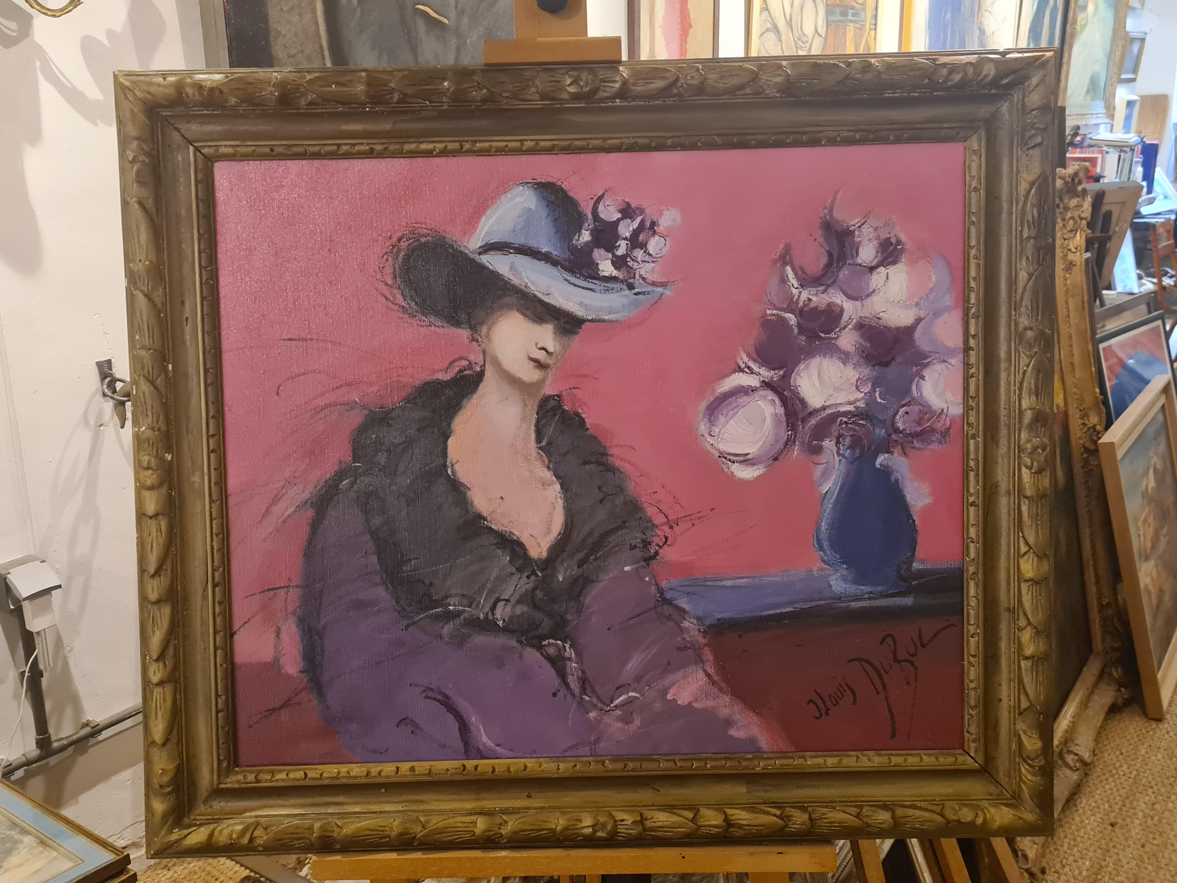 La Femme au Chapeau Bleu, Large French Fauvist Figurative Oil on Canvas. For Sale 6