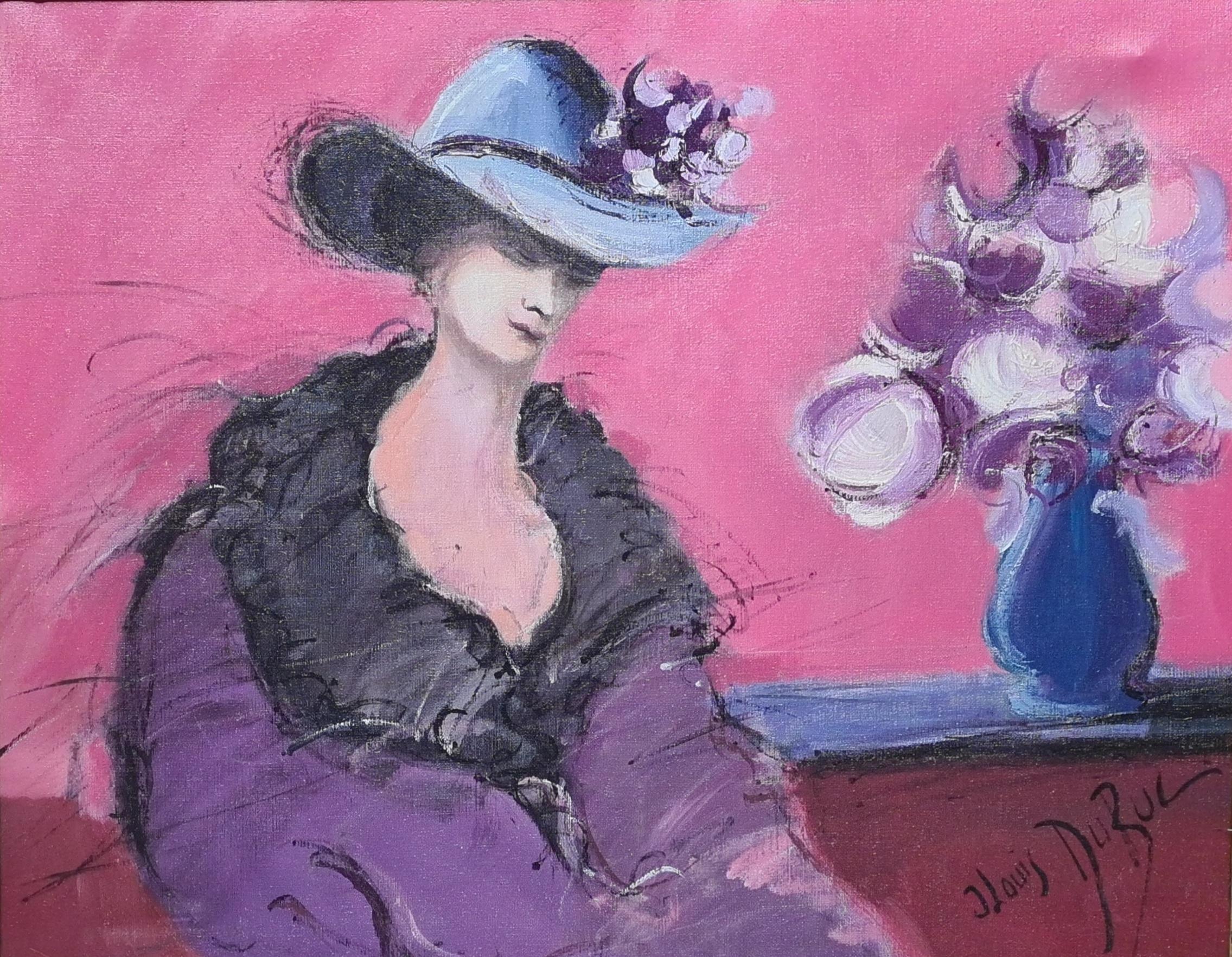 La Femme au Chapeau Bleu, Large French Fauvist Figurative Oil on Canvas. - Painting by Jean-Louis Dubuc