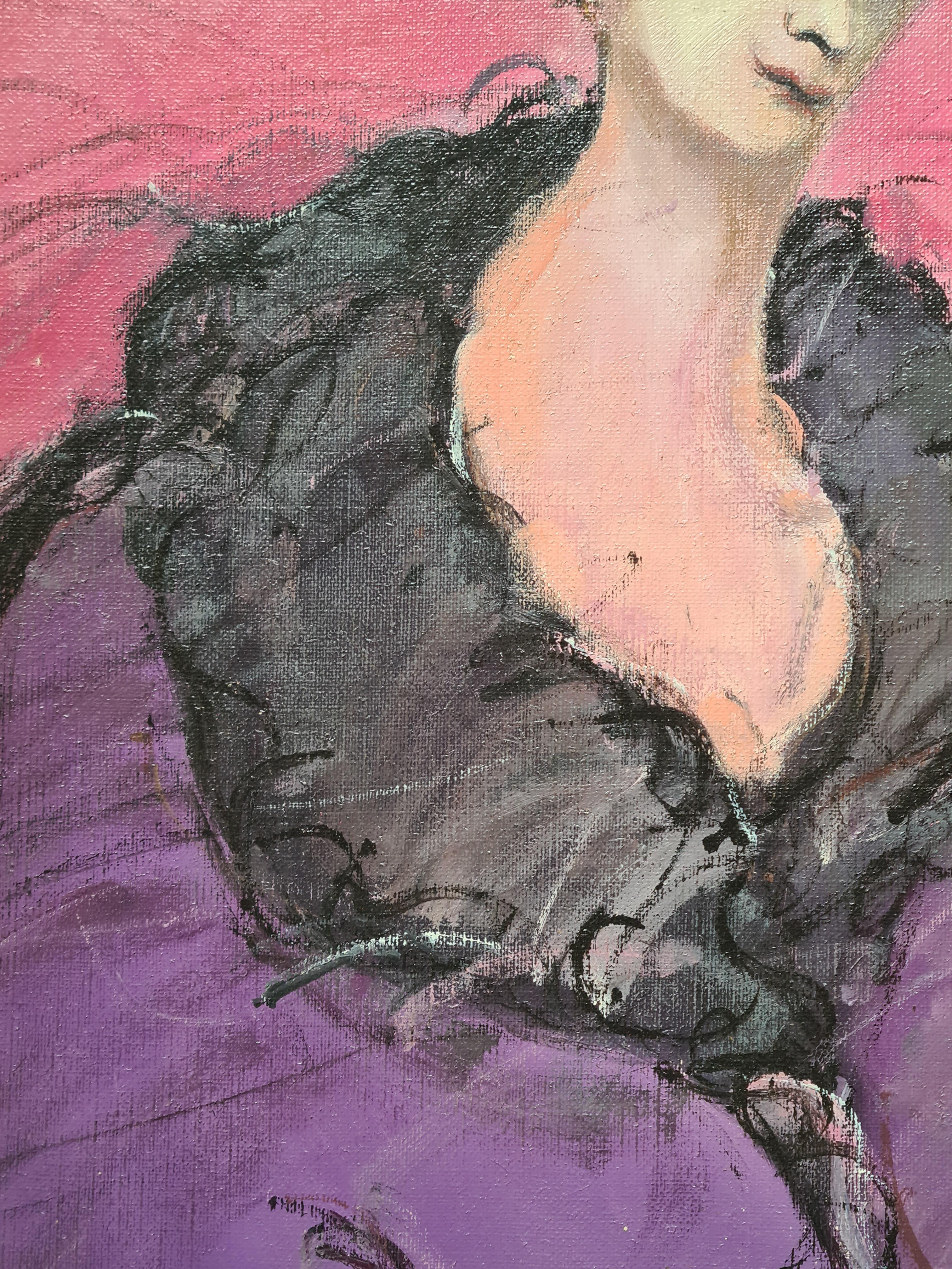 La Femme au Chapeau Bleu, Gran óleo figurativo fauvista francés sobre lienzo. en venta 1