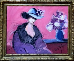 La Femme au Chapeau Bleu, grande olio figurativo francese fauvista su tela.