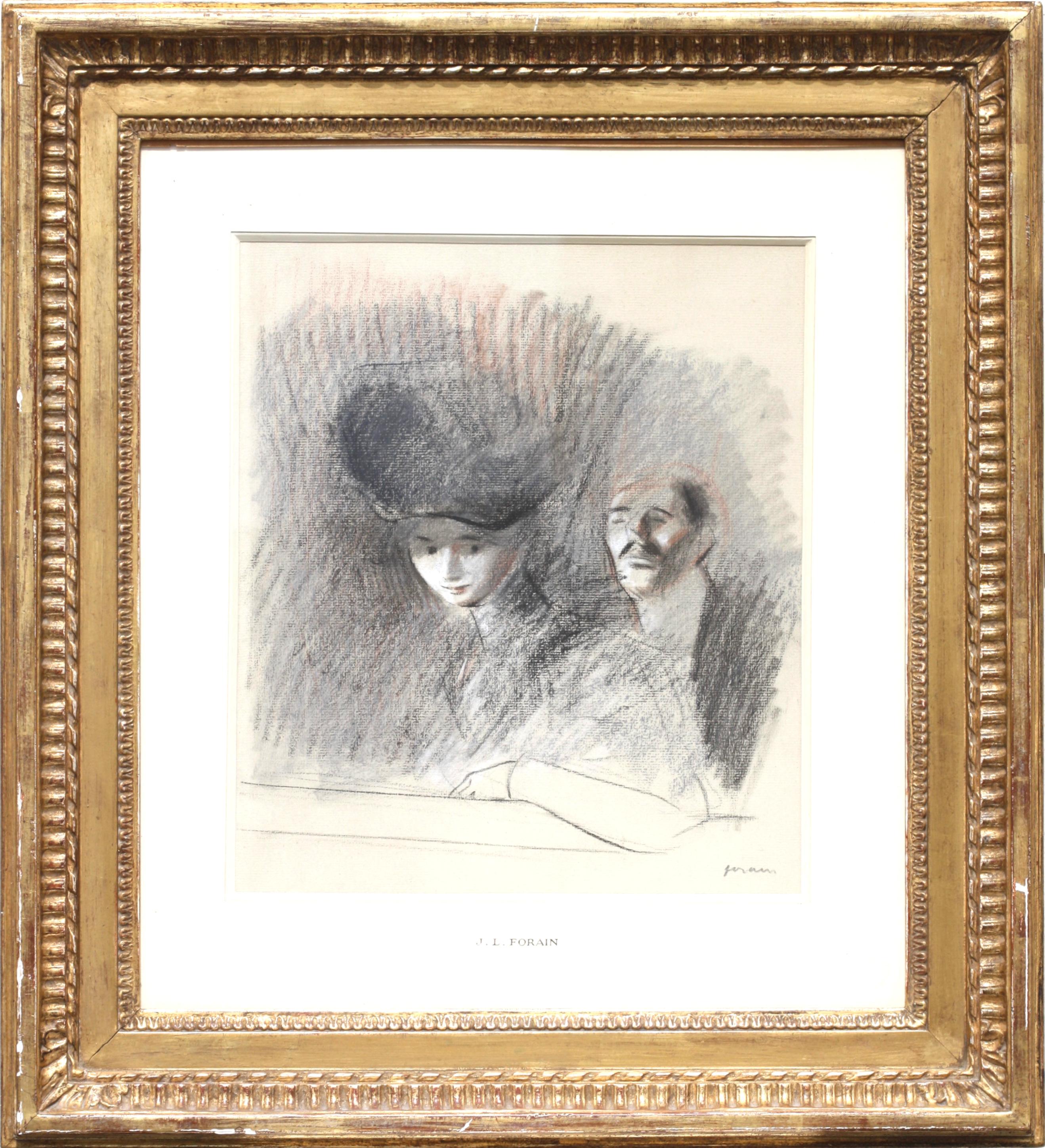 Jean-Louis Forain (1852-1931)
'At the Theater' 
graphite and colored chalk on paper
signed Forain (lower left)
Size with frame: Height 22.87 in. (58.10 cm.), Width 21 in. (53.34 cm.), 
Size without frame: Height 12.87 in. (32.70 cm.), Width