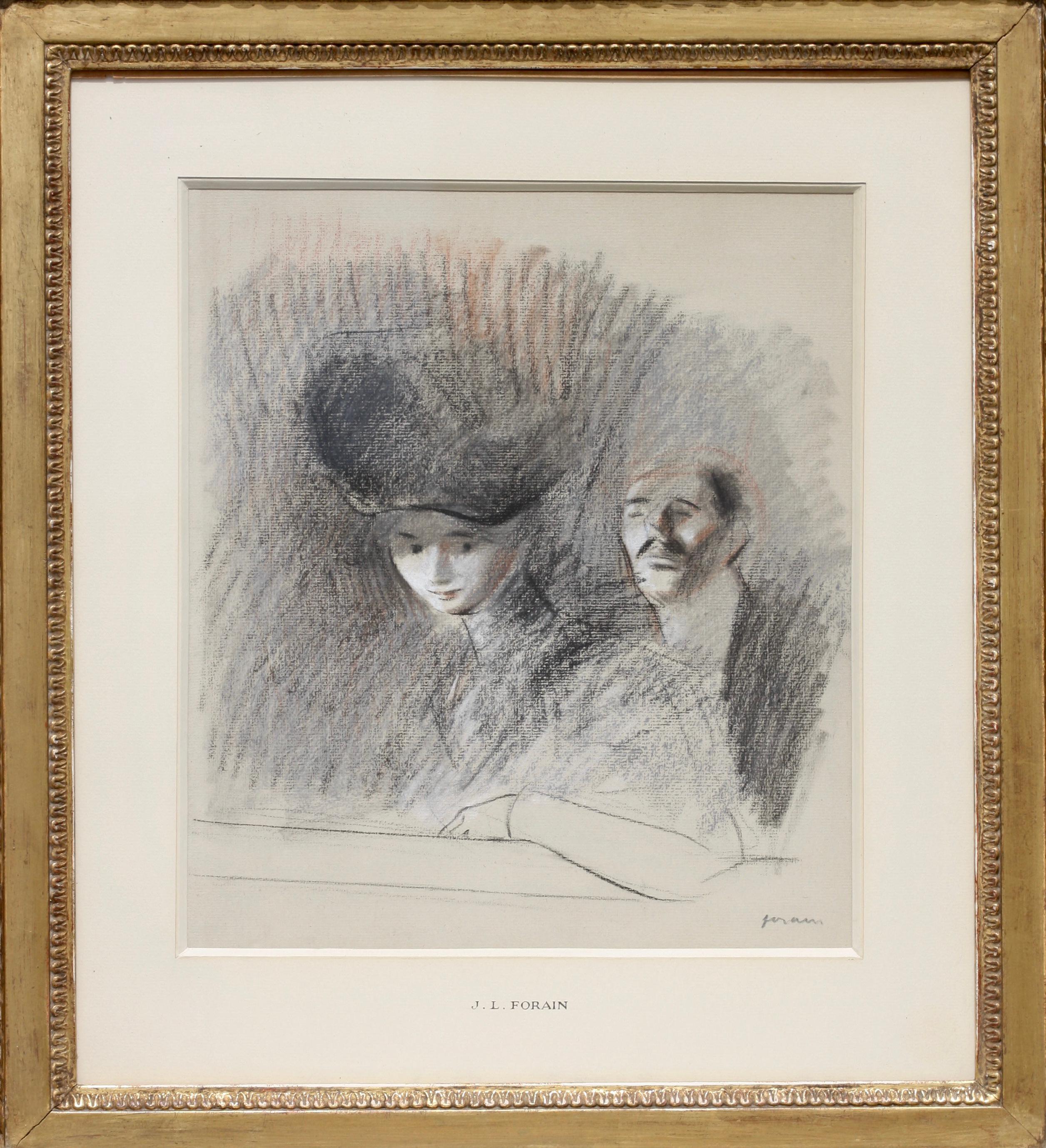 Jean-Louis Forain 'At the Theater' Graphite and Colored Chalk  In Good Condition For Sale In West Palm Beach, FL