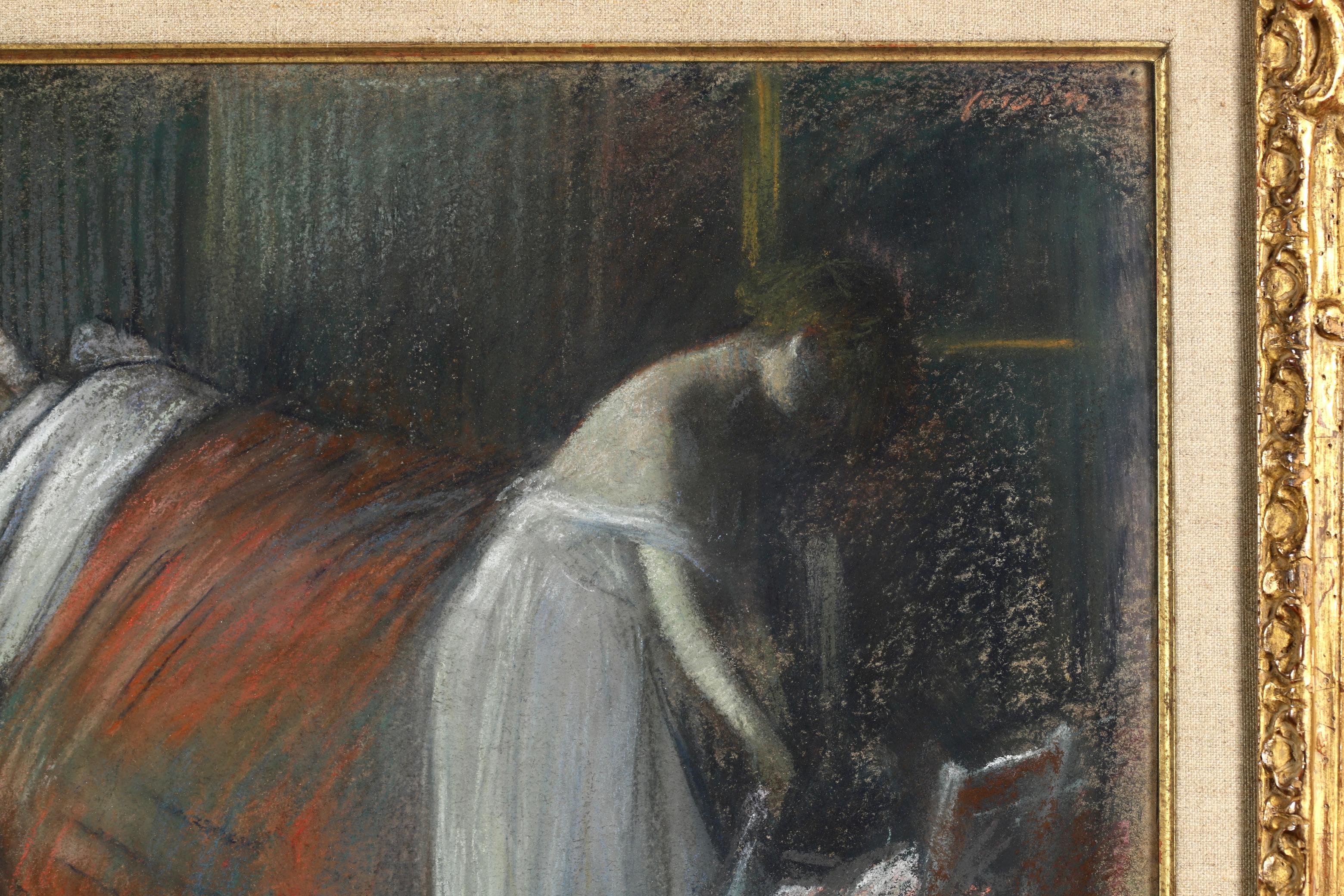 Signed impressionist figurative pastel on board circa 1895 by sought after French impressionist painter Jean Louis Forain. The piece depicts a man asleep in a bed while a woman stands at the foot of the bed getting dressed. The room is dimly lit by