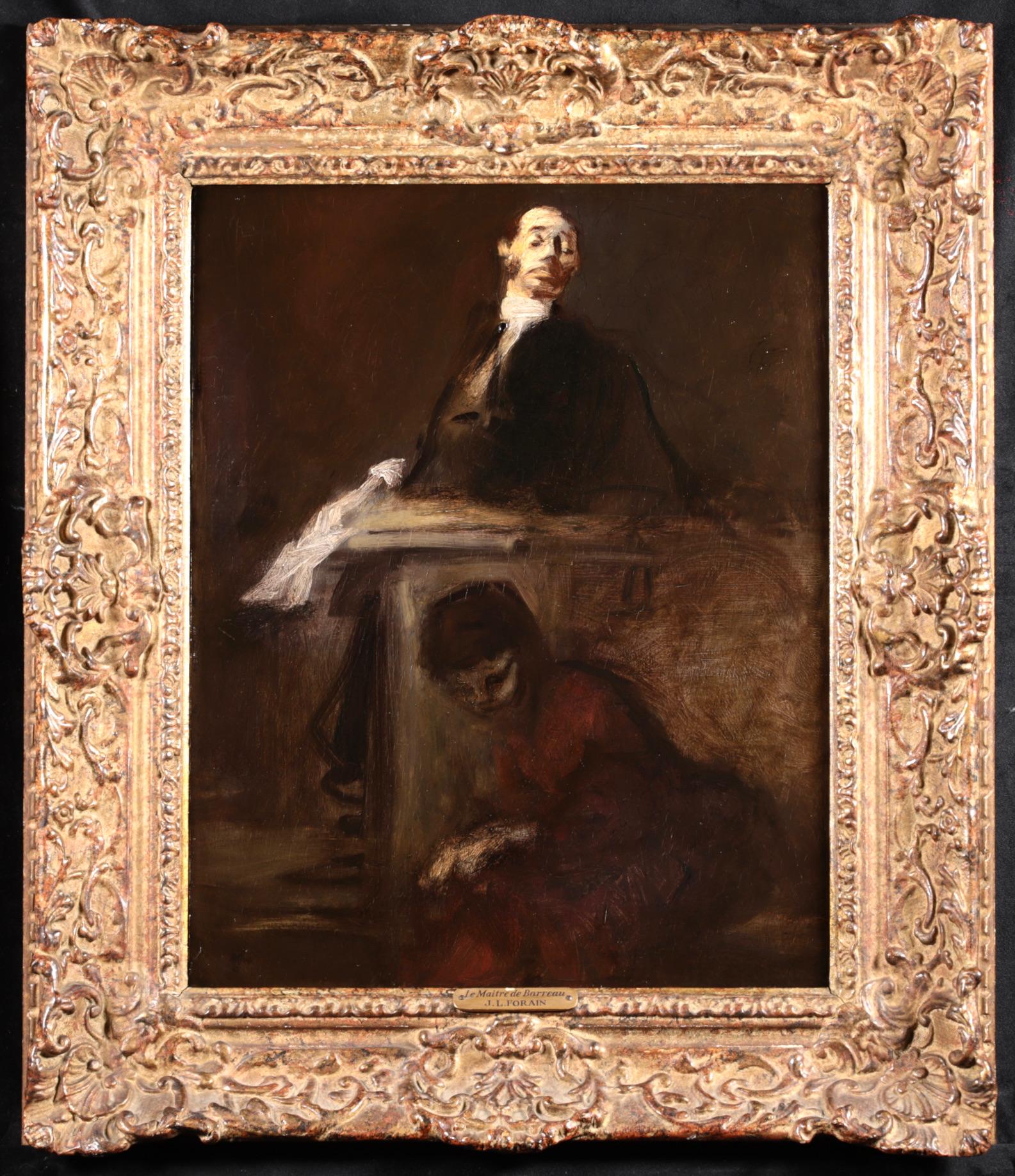 Monogramed impressionist oil on panel portrait circa 1890 by sought after French impressionist painter Jean Louis Forain. The subject depicts an arrogant lawyer looking down upon his poor client - a destitute woman seated and clasping her hands in