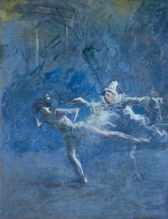 Pierrot et la Danseuse - 19th Century Oil, Figures/Dancers in Blue by J L Forain
