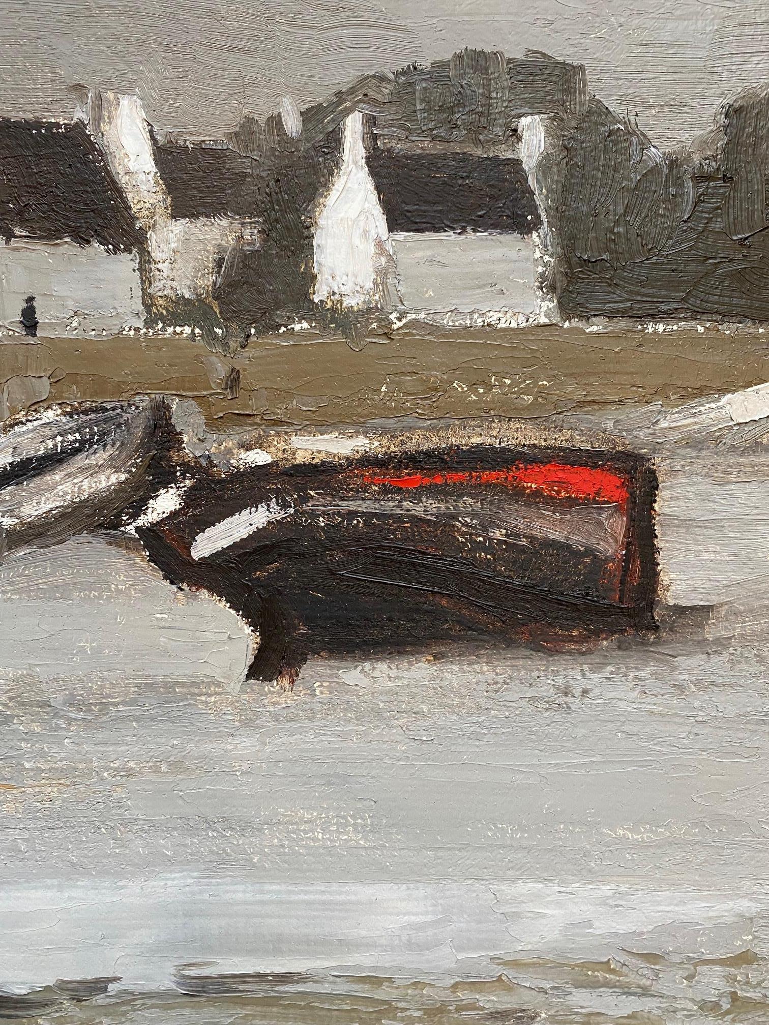 Des bateaux devant les 4 maisons blanches par Jean Louis Getaz - Huile sur toile 40x60 en vente 2