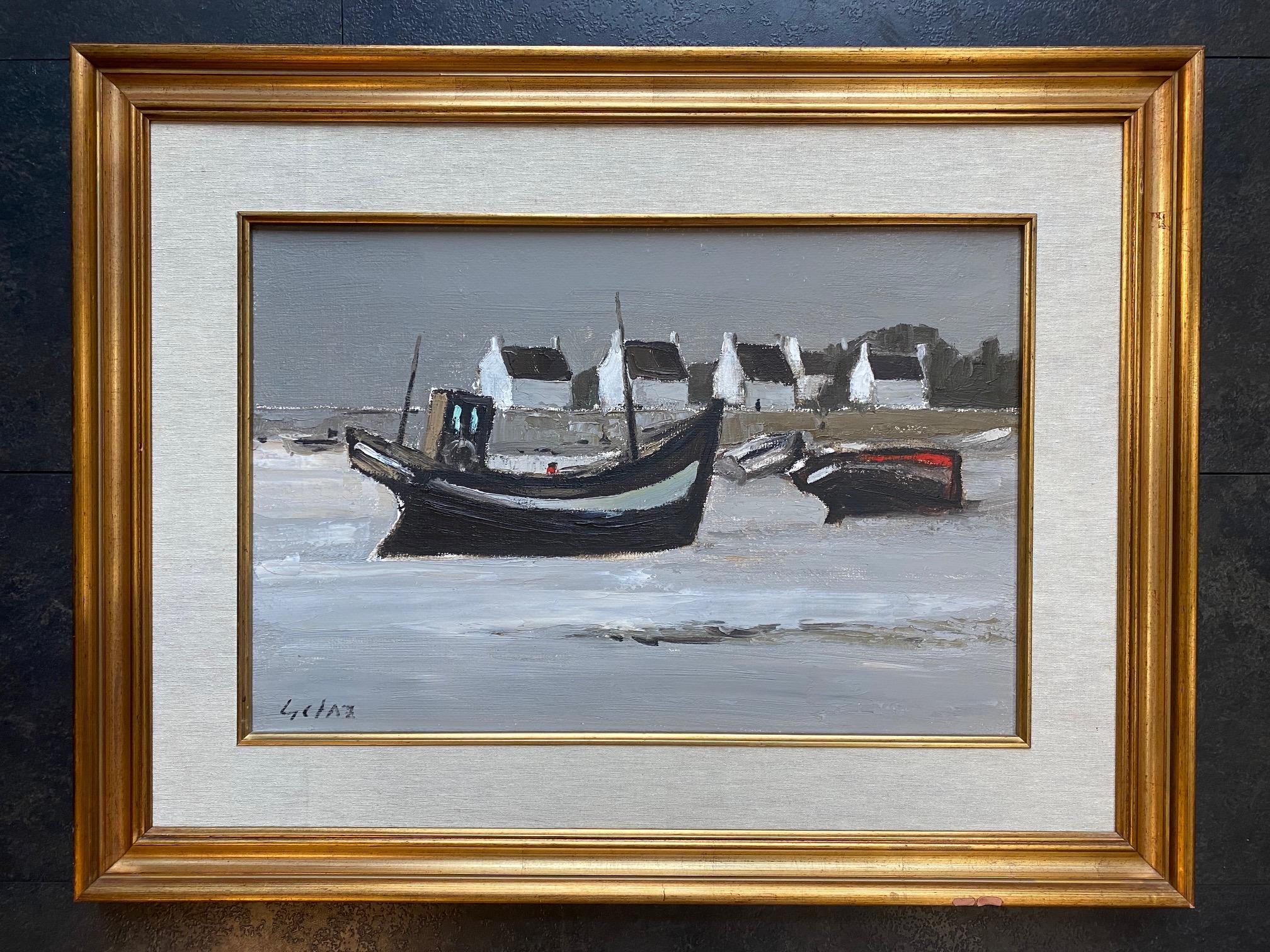 Des bateaux devant les 4 maisons blanches par Jean Louis Getaz - Huile sur toile 40x60 en vente 6