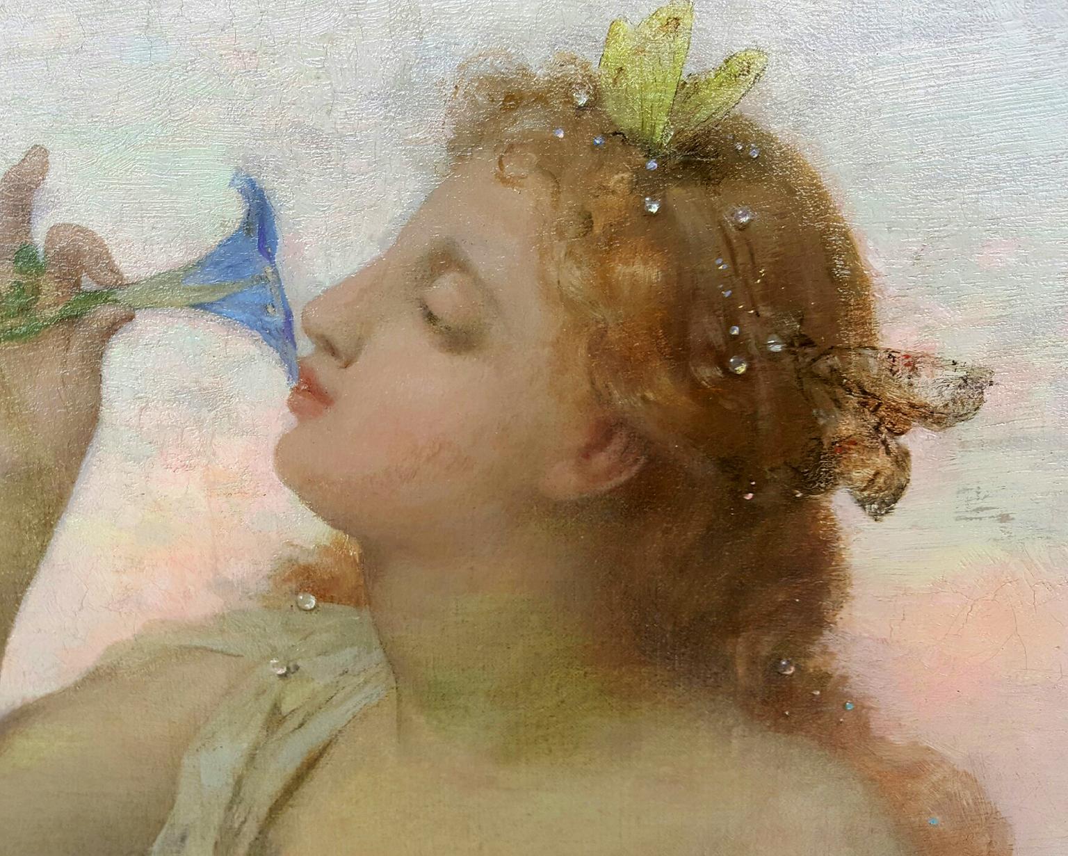 Aurora in white toga smelling a flower.  Goddess of Dawn (Grau), Portrait Painting, von Jean Louis Hamon