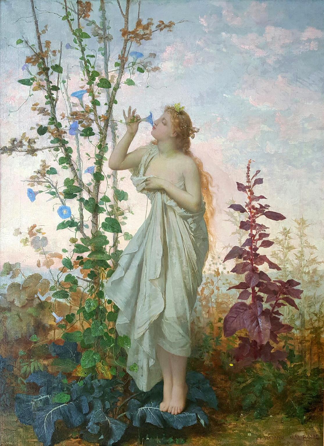 Aurora in white toga smelling a flower.  Goddess of Dawn - Academic Painting by Jean Louis Hamon