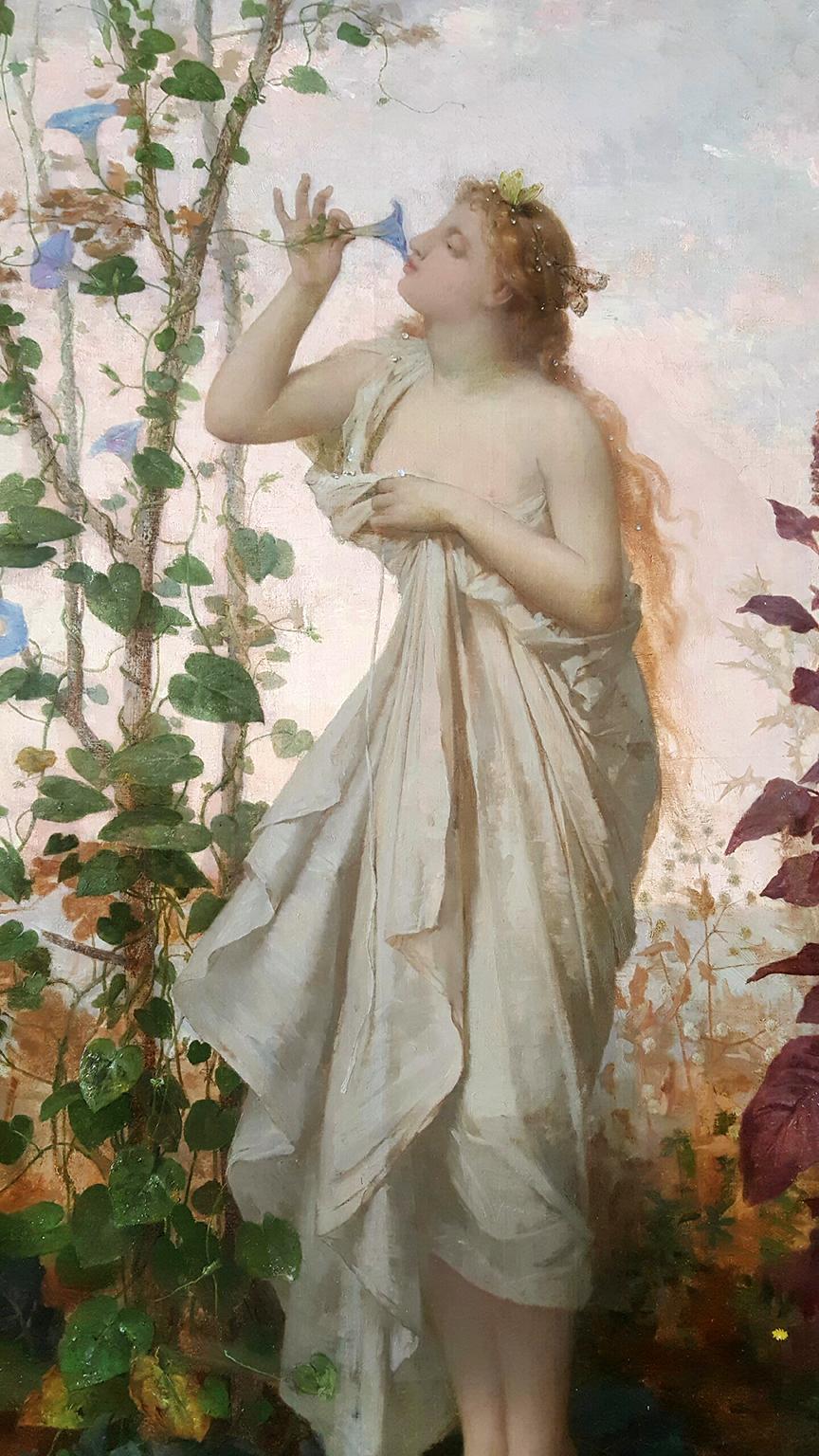 Aurora in white toga smelling a flower.  Goddess of Dawn Mythology scene - Painting by Jean Louis Hamon