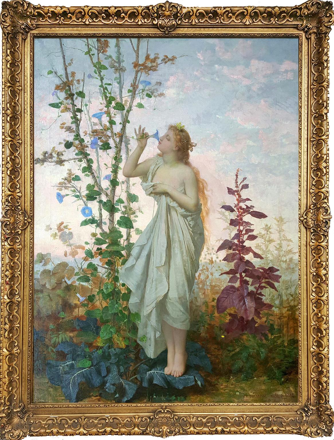 Aurora con toga blanca oliendo una flor.  Diosa del Amanecer Escena mitológica - Painting Académico de Jean Louis Hamon