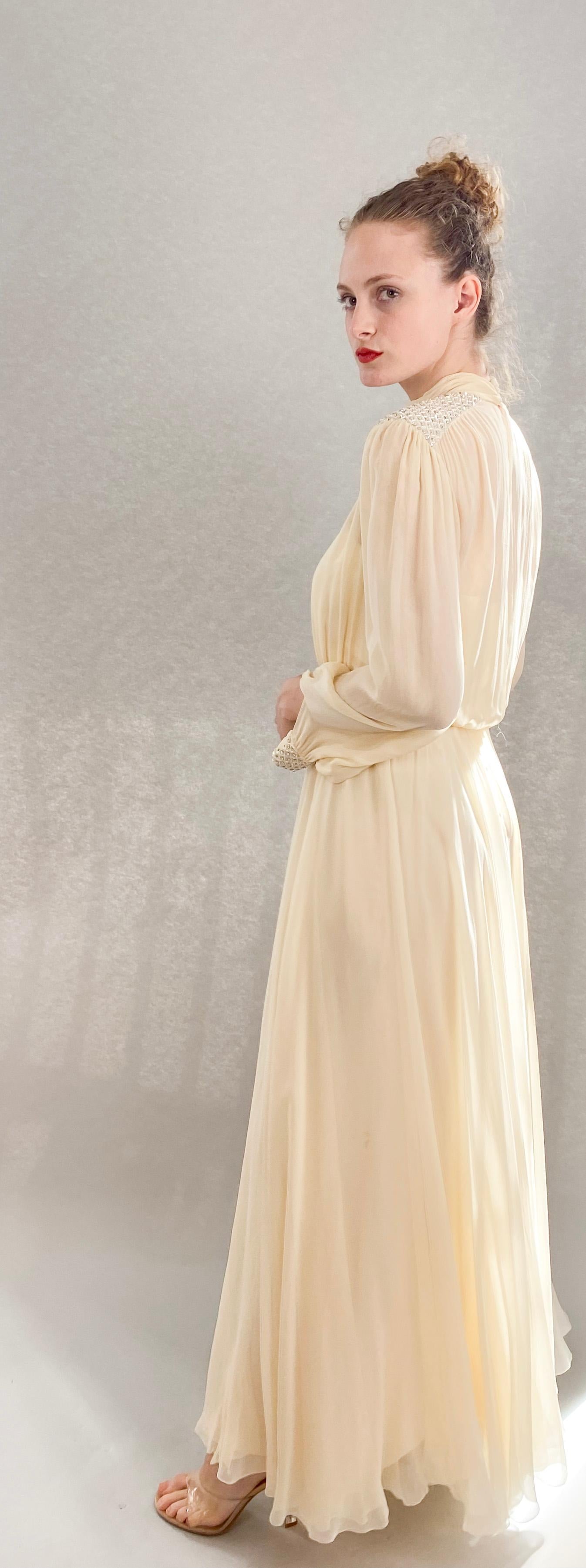 Jean Louis Ivory Silk Chiffon Beaded Shoulder Dress In Excellent Condition For Sale In Los Angeles, CA