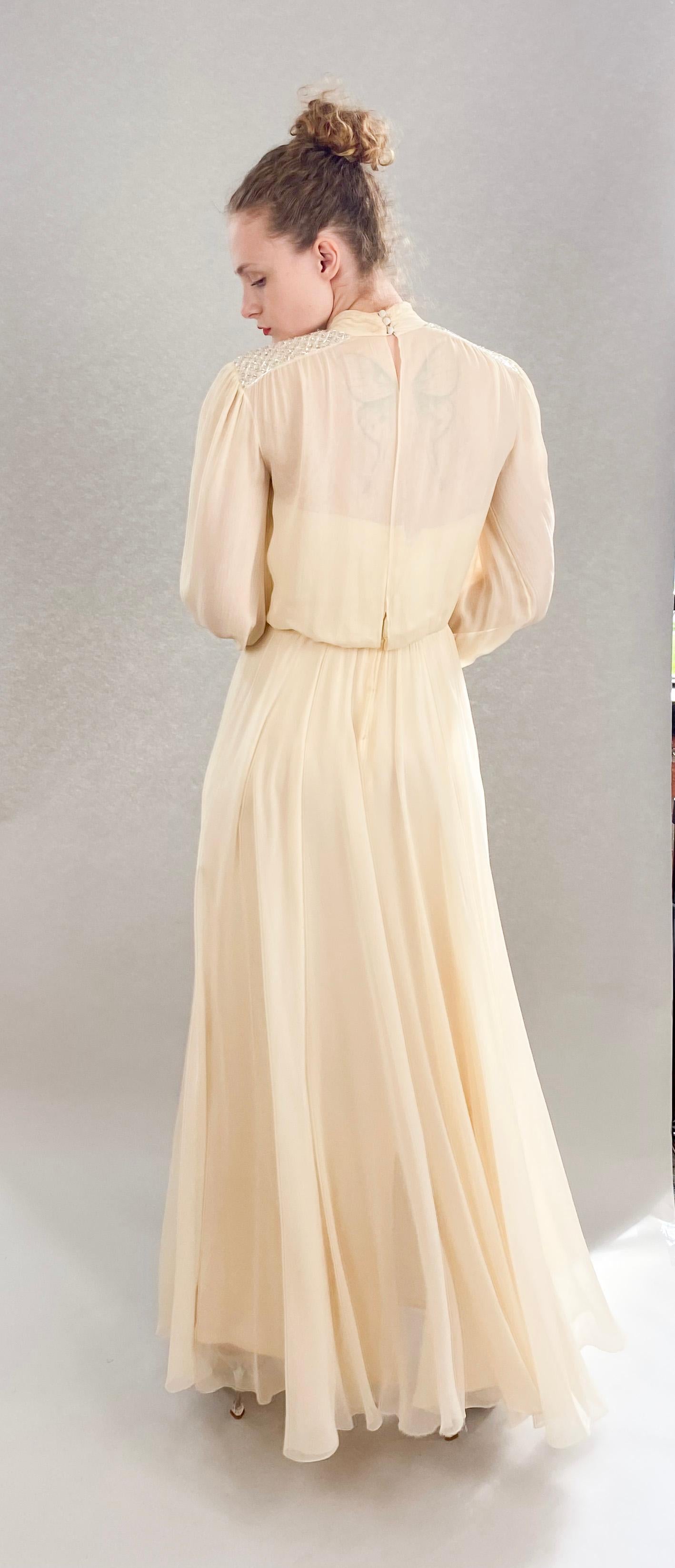 Women's Jean Louis Ivory Silk Chiffon Beaded Shoulder Dress For Sale