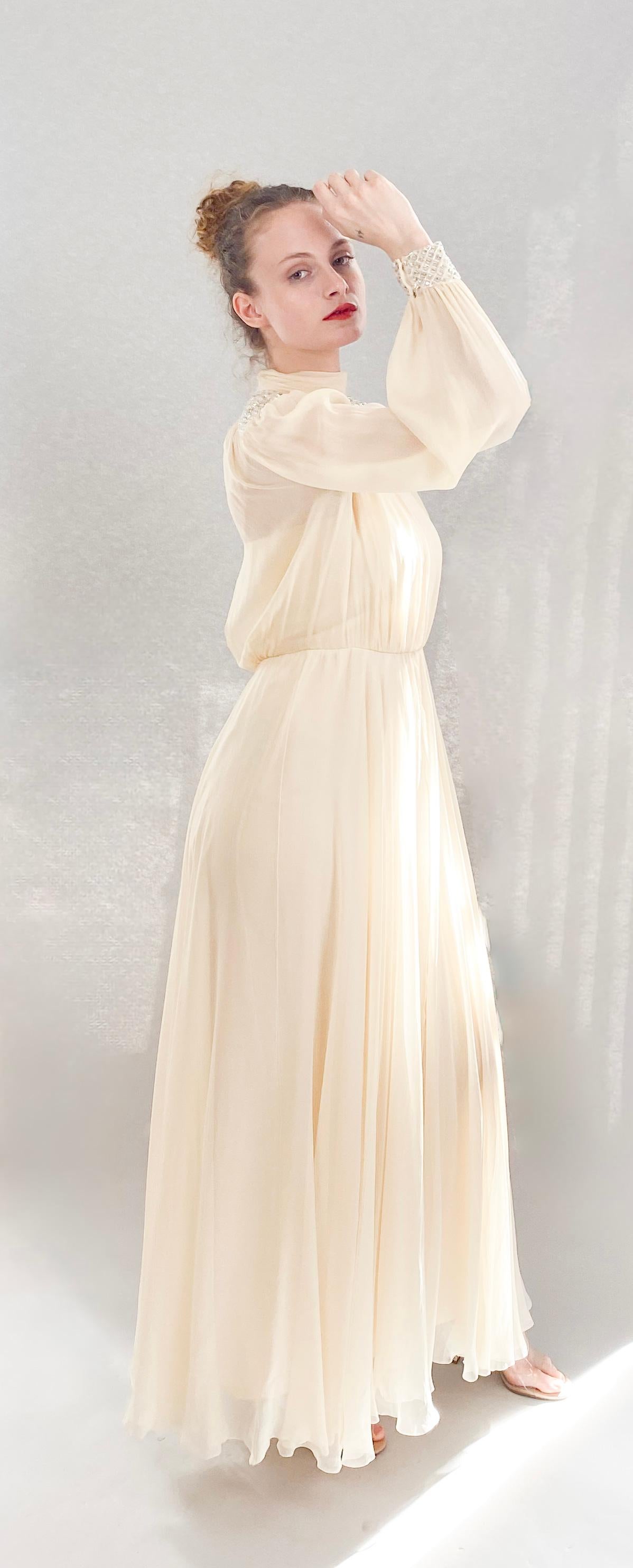 Jean Louis Ivory Silk Chiffon Beaded Shoulder Dress For Sale 1