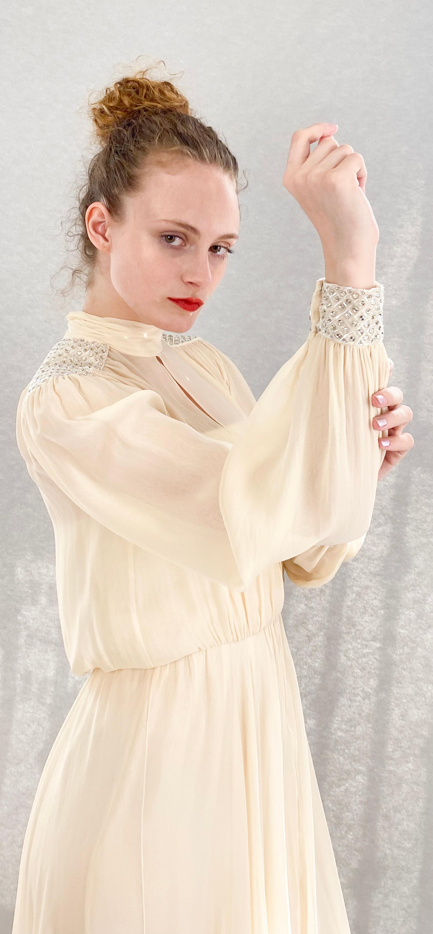 Jean Louis Ivory Silk Chiffon Beaded Shoulder Dress For Sale 2