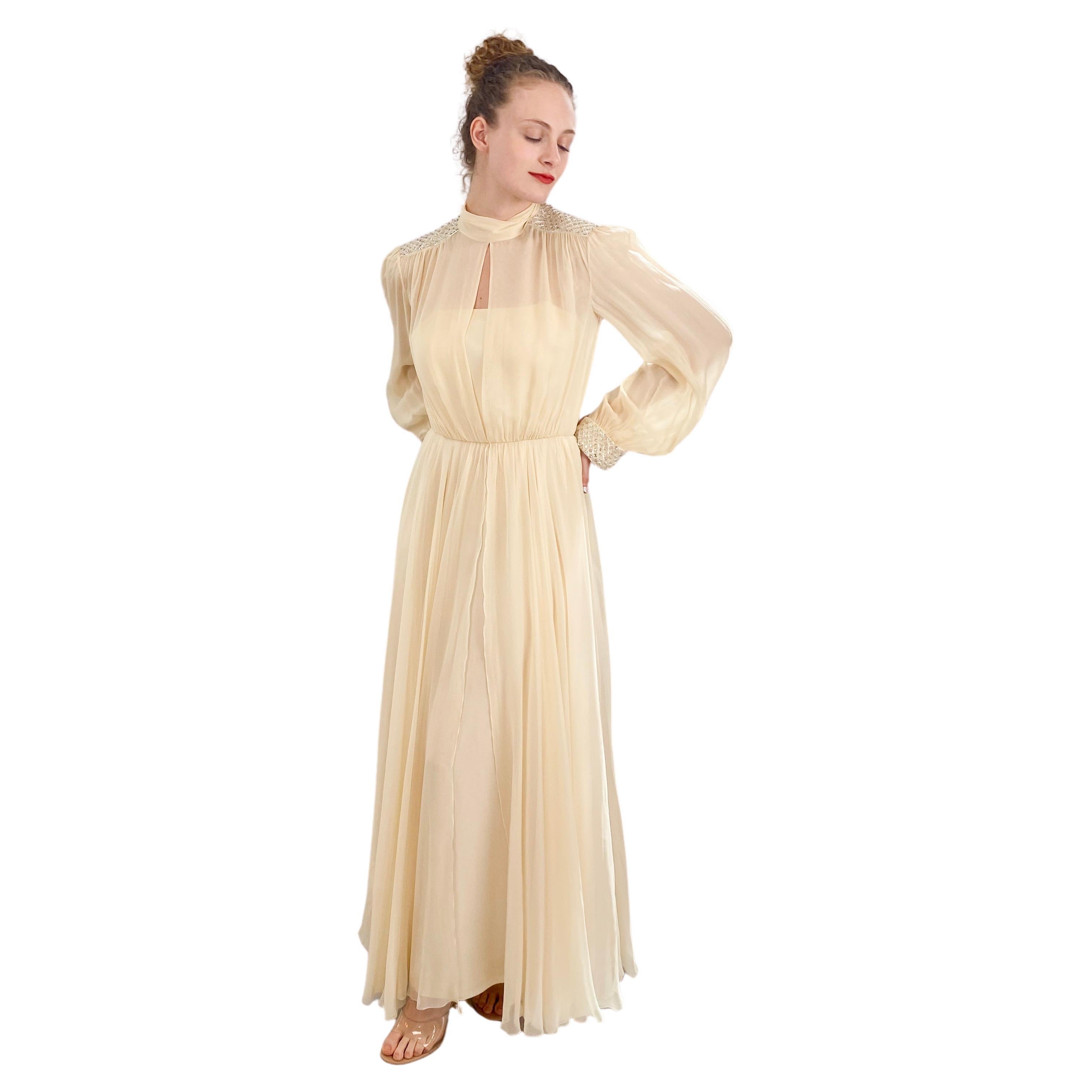 Jean Louis Ivory Silk Chiffon Beaded Shoulder Dress For Sale